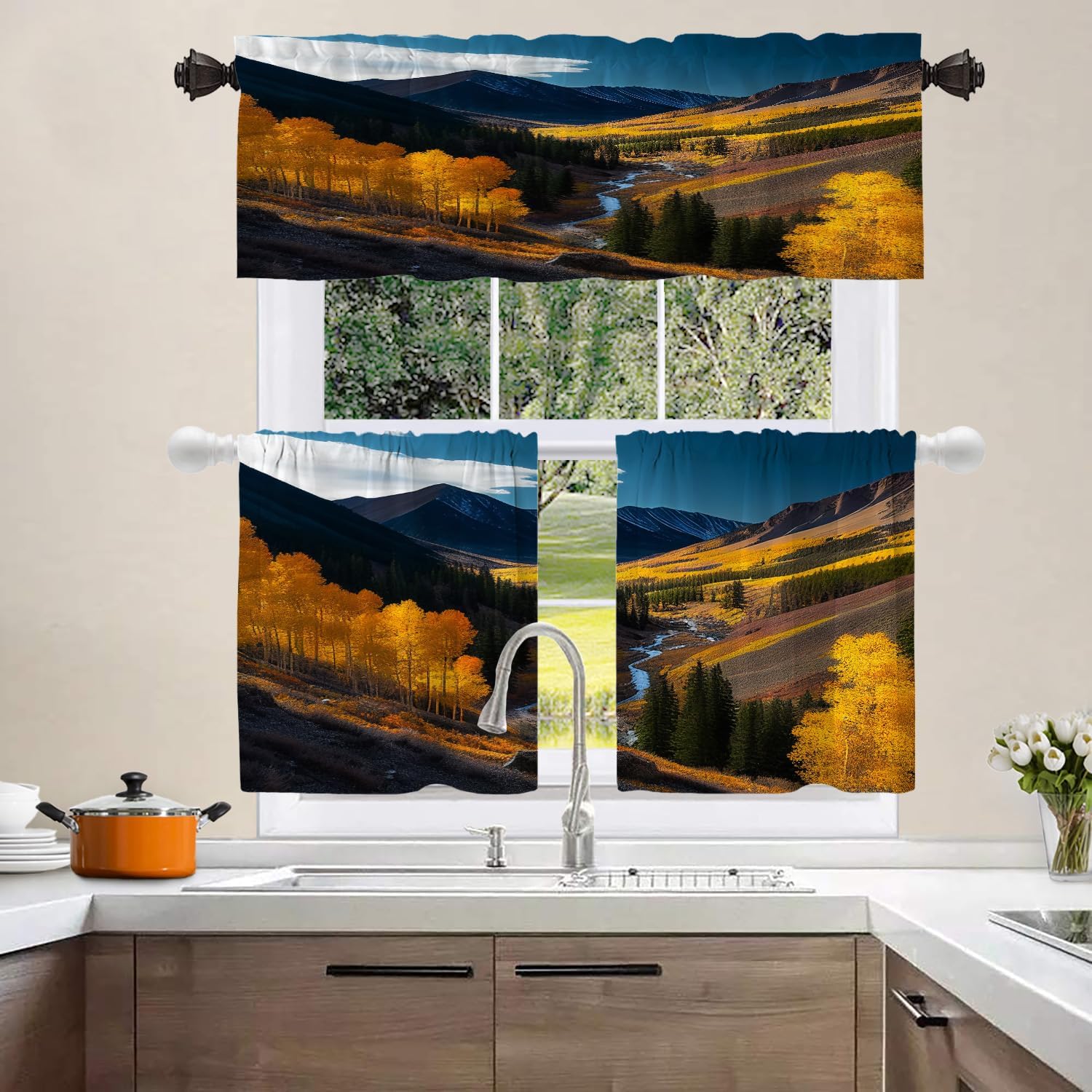 Shrahala Fall Hills Landscape Kitchen Valances, Autumn in Independence Pass Half Window Curtain Window Treatment Multilayer Polyester Blackout for Living Room Bathroom 52 x 18 in