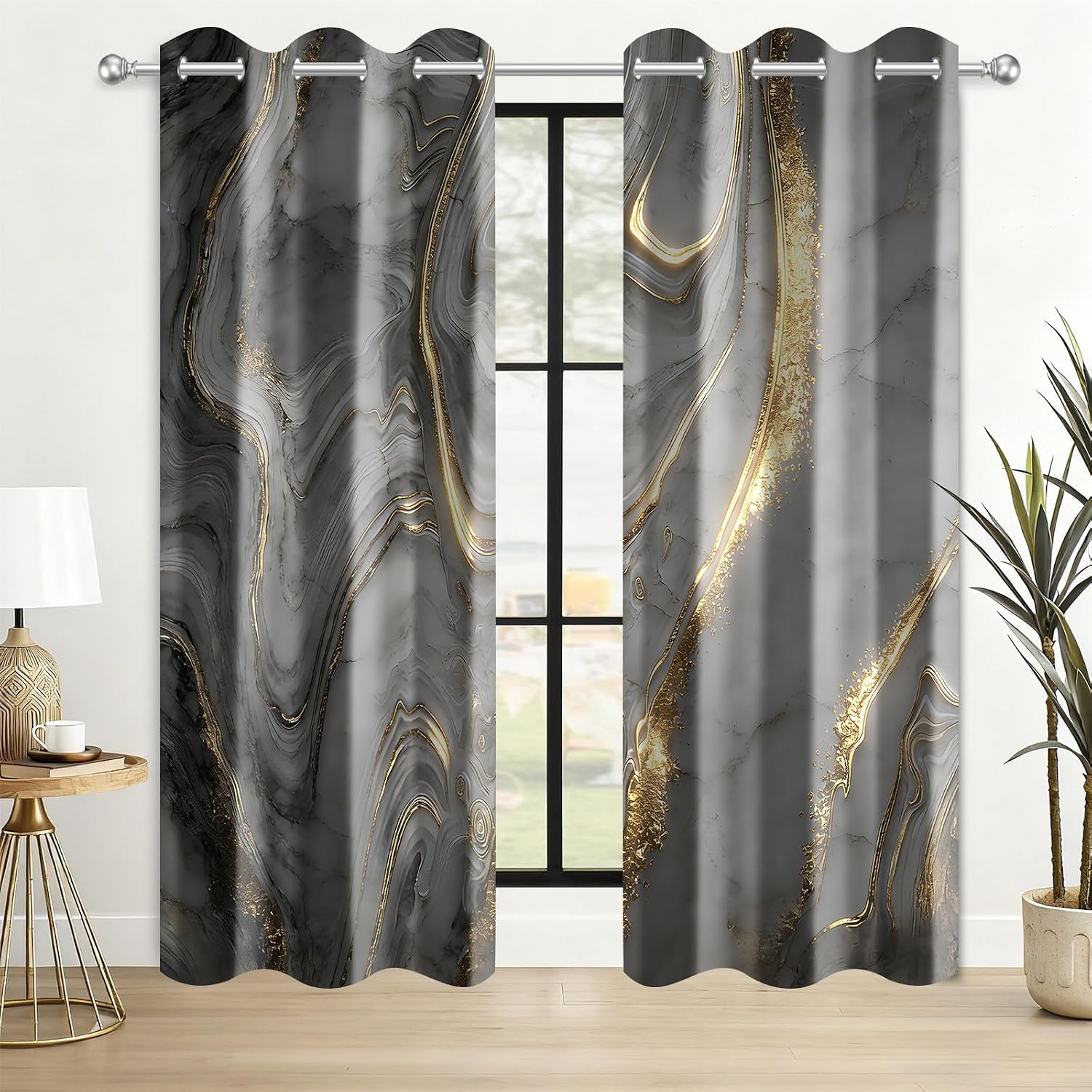 Grey and Gold Marble Curtains for Bedroom Living Room Modern Abstract Black Gray Luxury Texture Curtain Fluid Aaesthetic Art Design Room Darkening Window Drapes,2 Panels, 42x84 Inch