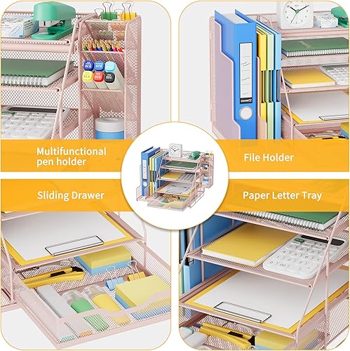 Miniatura 8 de VIVSOL Organizador de escritorio rosa y almacenamiento de accesorios con bandeja de papel de 5 niveles, organizador de escritorio de malla y