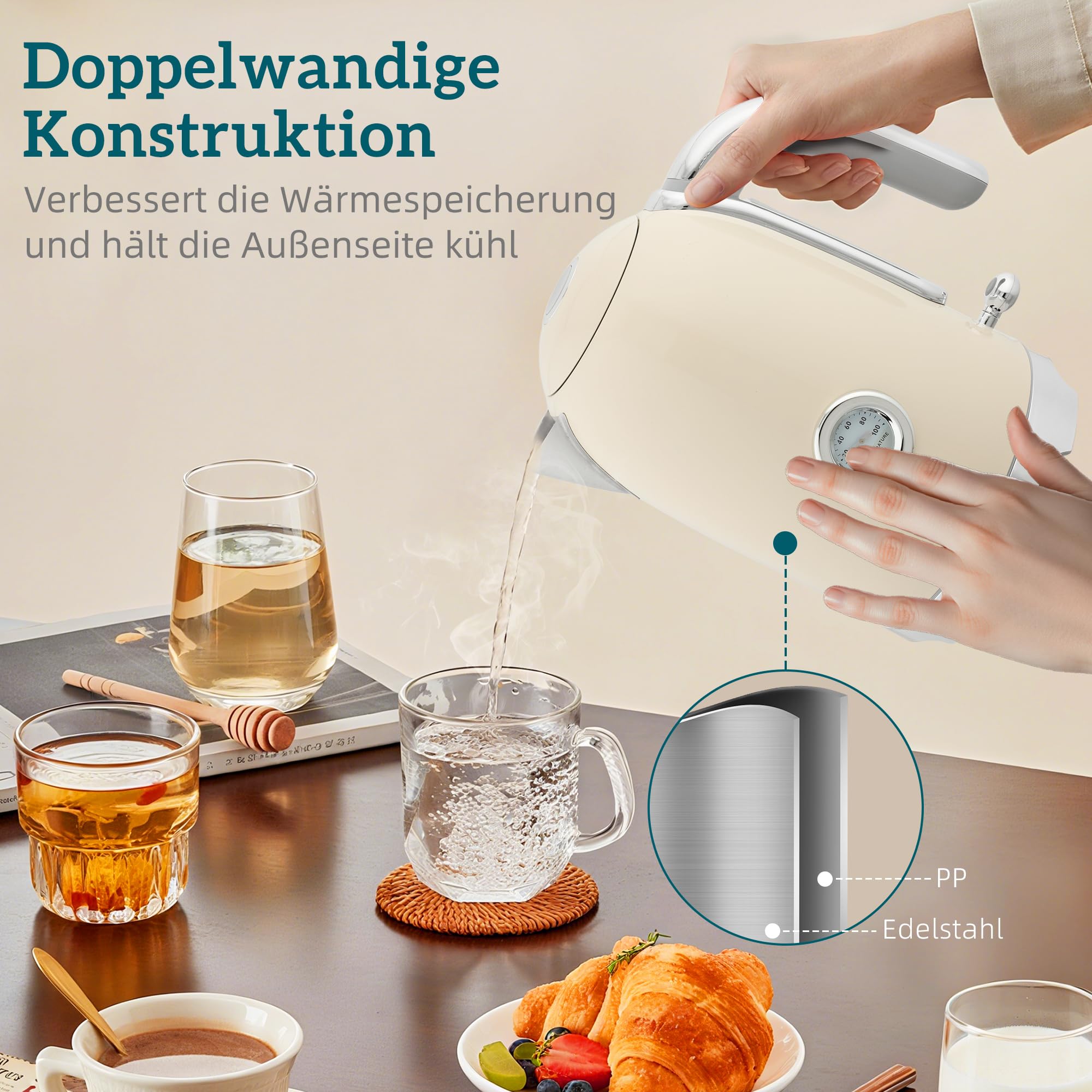 HOMCOM Wasserkocher Toaster Set, 2200 W, 1,7 L Edelstahl, Frühstückset, Cremeweiß