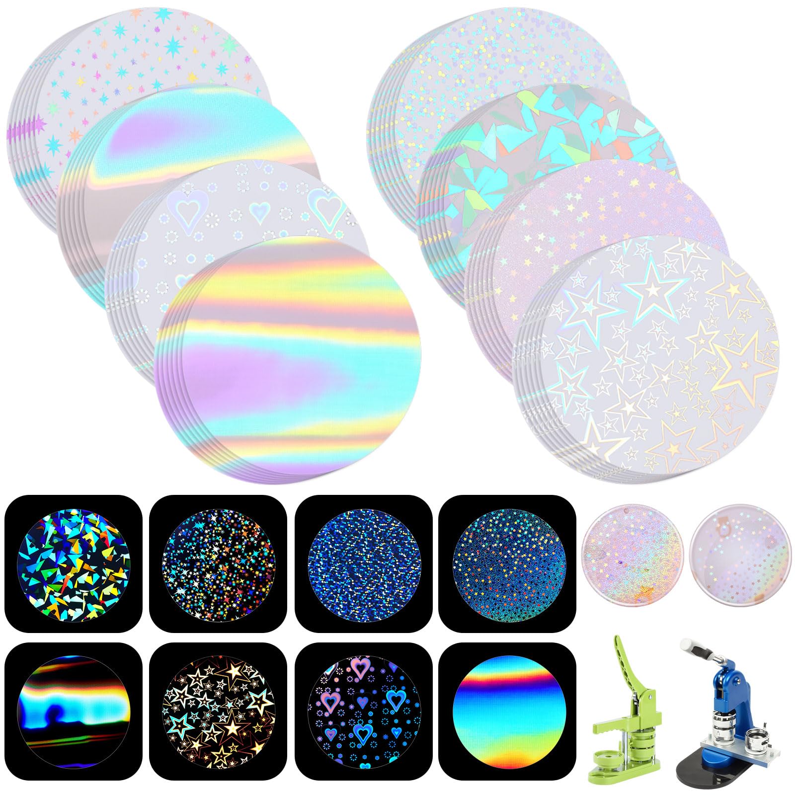 Photo 1 of 200 Pcs Badge Protective Film 70mm (2.76 in), 8 Styles of Holographic Glitter, Badge Film for 2.25 Inch 58mm Button Maker Machine, 58mm Button Making Supplies