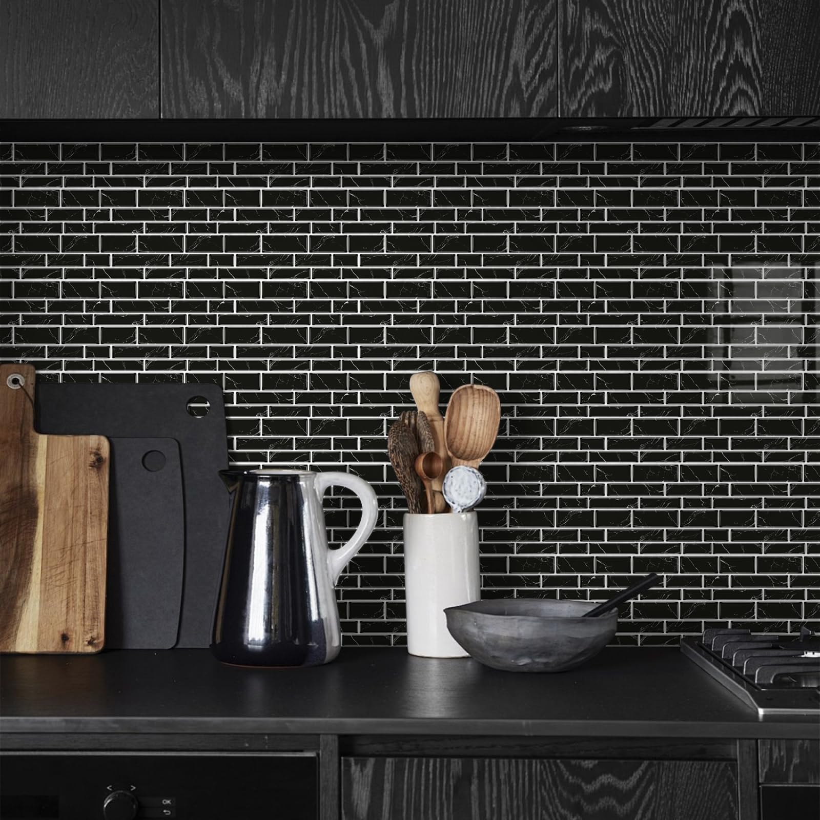 Self Adhesive Wall Tiles Black Stick on Thicker Peel and Backsplash for Kitchen Bathroom Tile Stickers