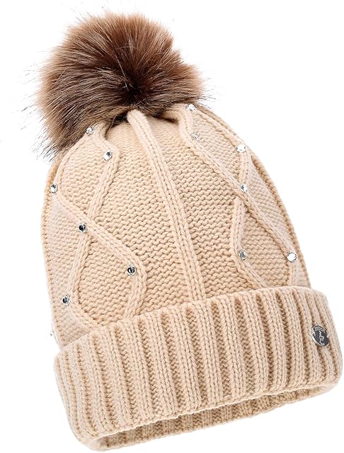 Winter Hats for Women Two Color Knit Beanie or Crystal Knitted Hats Fluffy Beanie Fleece Lining Detachable Faux Fur Pompom