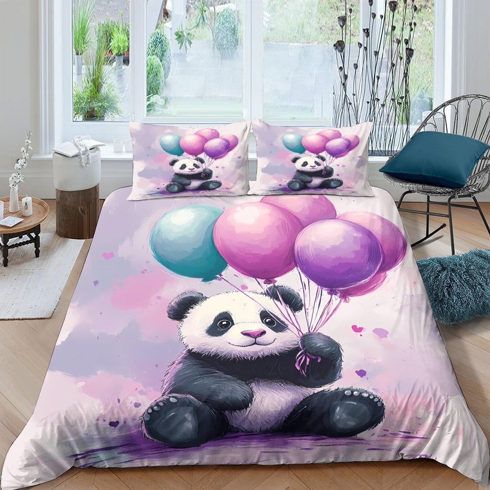 Ctjqhvkz Style-3 3D Printed Panda Balloon Fitted Sheet Microfiber Soft Pink Purple Bed Cover For Bedroom Dorm Mattress Decor Single（135X200cm）