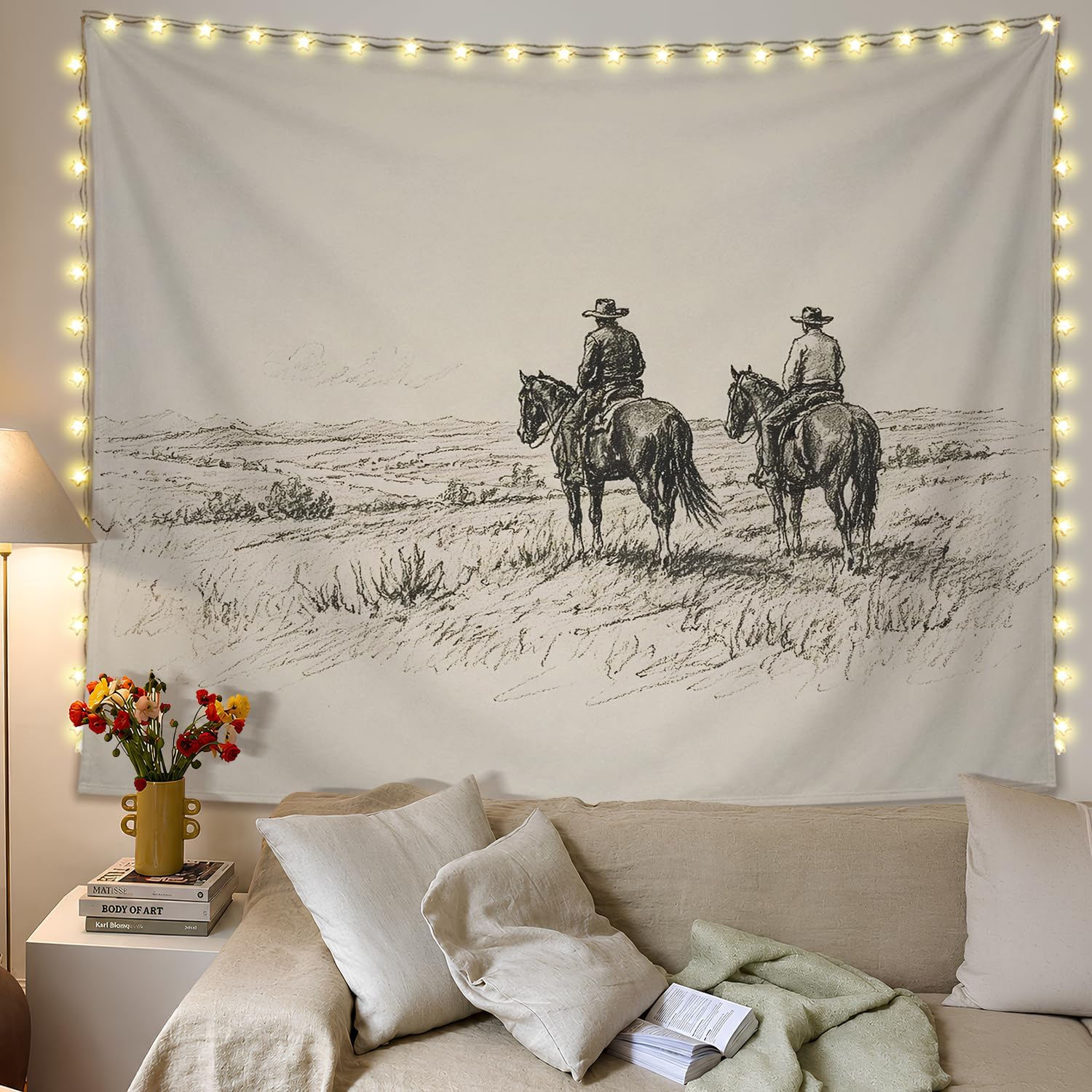SkyCozy Vintage Western Cowboy Wall Tapestry, Western Home Room Decor, Rustic Farmhouse Neutral Cowboy Horse Antique Country Tapestry for Home Bedroom Living Room Wall Decor, 50x60 Inch