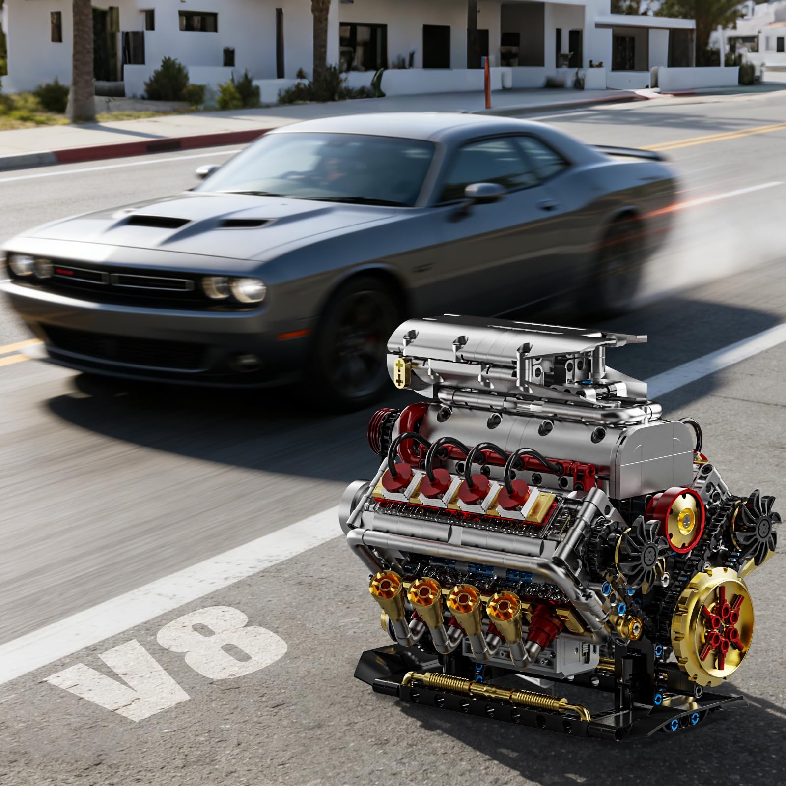Technik V8 Motor Bausatz Bausteine Klemmbausteine, Ideas V8 Eigene Modellbausatz Set für Erwachsene, Kompatibel mit Lego, STEM Spielzeug Geschenk für Auto Fans und Jungen ab 14 Jahren (1176 Teile)
