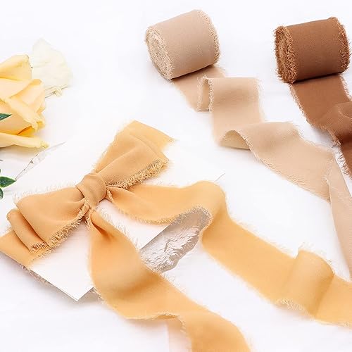 Miniatura 6 de Cinta, 3 rollos de cinta de gasa, cinta de 1.5 pulgadas x 6 yardas para envoltura de regalos, cinta de seda hecha a mano con flecos para