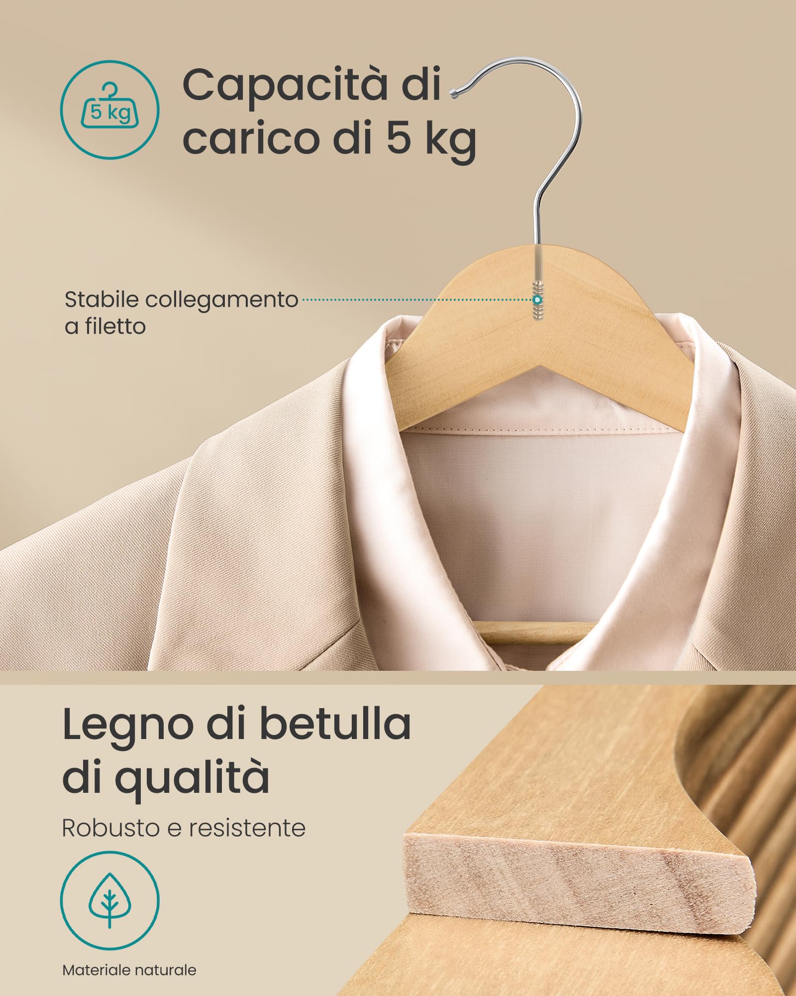 SONGMICS Grucce Appendiabiti Legno, 20 Pezzi, Appendini, Salvaspazio, Scanalature su Spalle, Gancio Girevole a 360°, Legno di Betulla, per Pantaloni Giacche, Beige Naturale CRW040K01