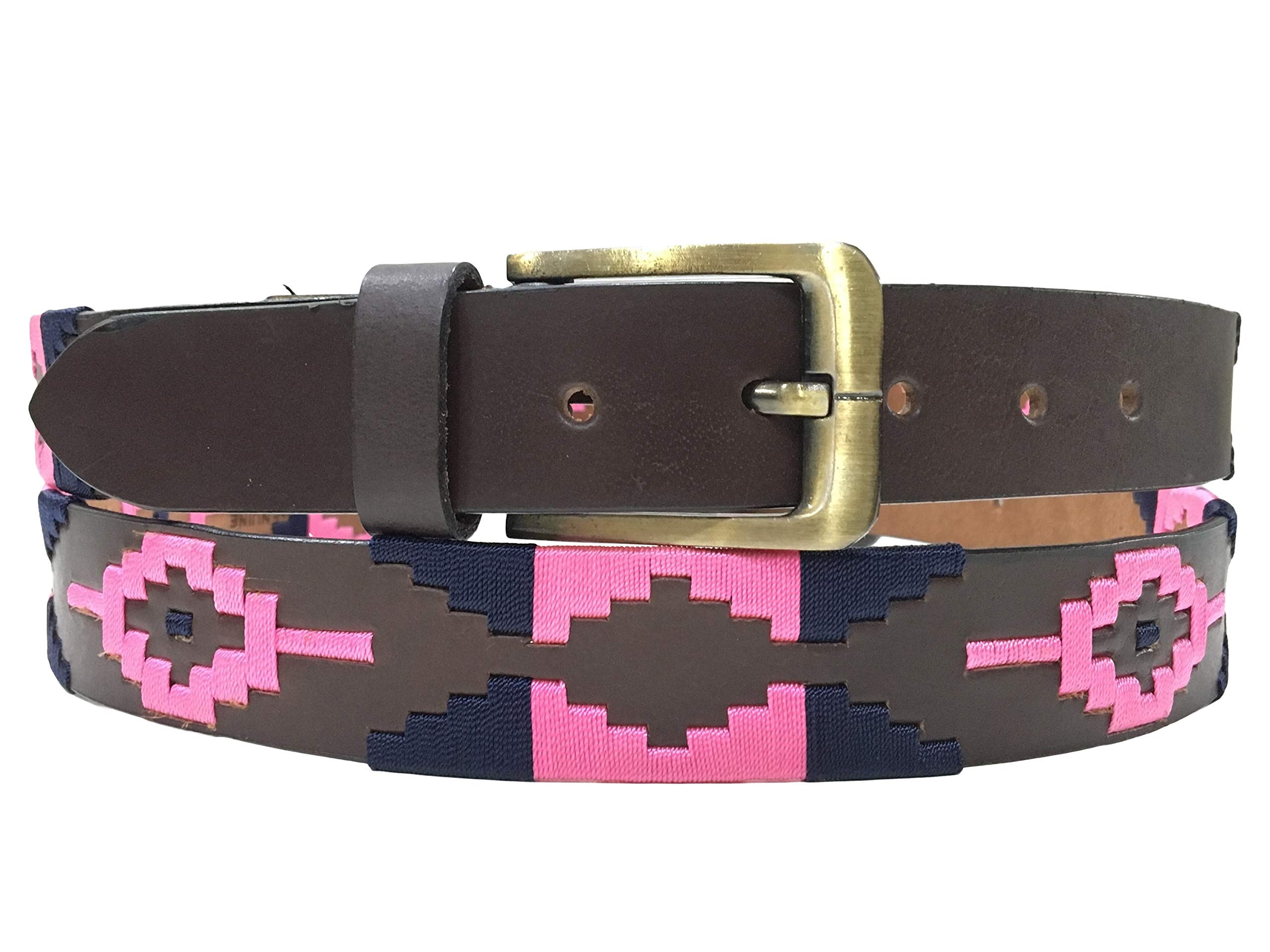 CARLOS DIAZ Mens Womens Premium Unisex Brown Leather Embroidered Designer Polo Belt (85 cm/ 32-34 Inches)