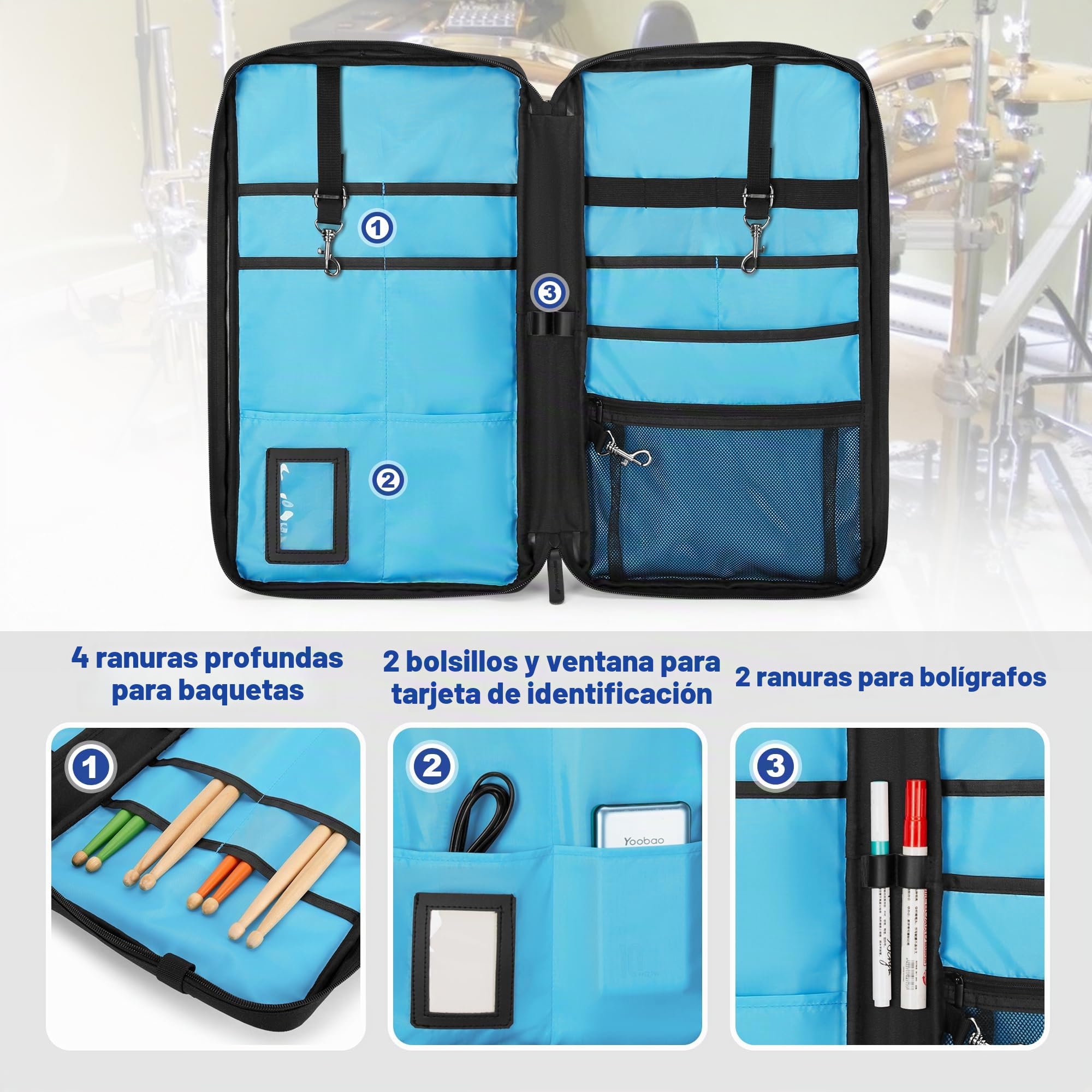 Yarwo Bolsa para Baquetas con Ganchos y Correa Ajustable | Cuelga Tambor con 2 Ganchos Metalicos y Correa Ajustable, Nylon Balistico con Ventana Identificacion para Baquetas