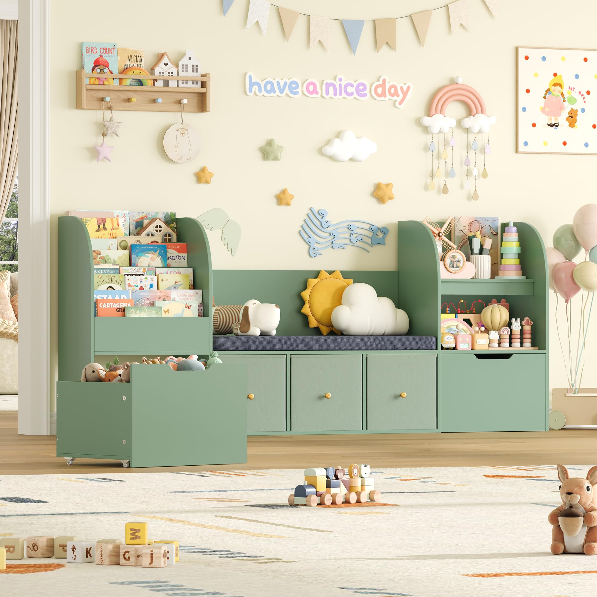 FOREHILL 181cm Organizador de Juguetes con Banco Infantil y Cojín Acolchado | Librería Infantil de 4 Niveles, 5 Cajones, 2 Estantes Abiertos, Mueble de Organización para Habitación Infantil Verde