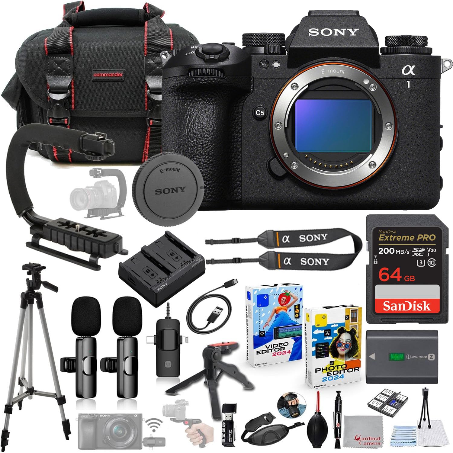 Sony a1 II Mirrorless Camera Body Only Bundle + Wireless Microphone System + Accessory Package Including 64GB Extreme Memory, U-Grip, Case, Tripod, Software and More (29 Items)
