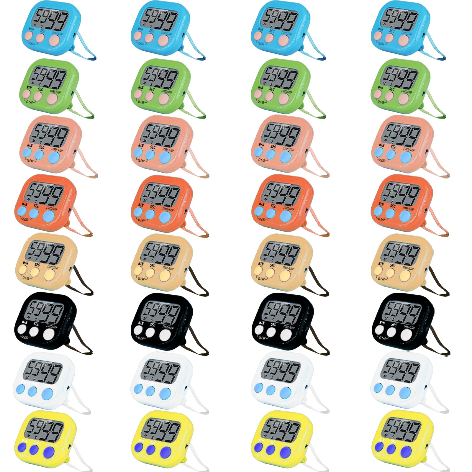 32 piccoli timer digitali da cucina con cifre grandi, timer magnetico, conto alla rovescia, cronometro, allarme forte, batteria non inclusa, per giochi sportivi, ufficio, cottura (8 colori)