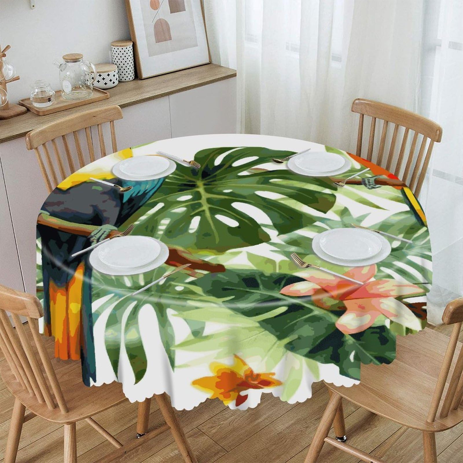 VstaDank Toucans Parrot Palm Tree Leaves Round Tablecloth 60 Inch Easy to Clean Circle Table Cover Thick Decorative Round Polyester Table Cloth for Dining Kitchen Party Farmhouse Outdoor