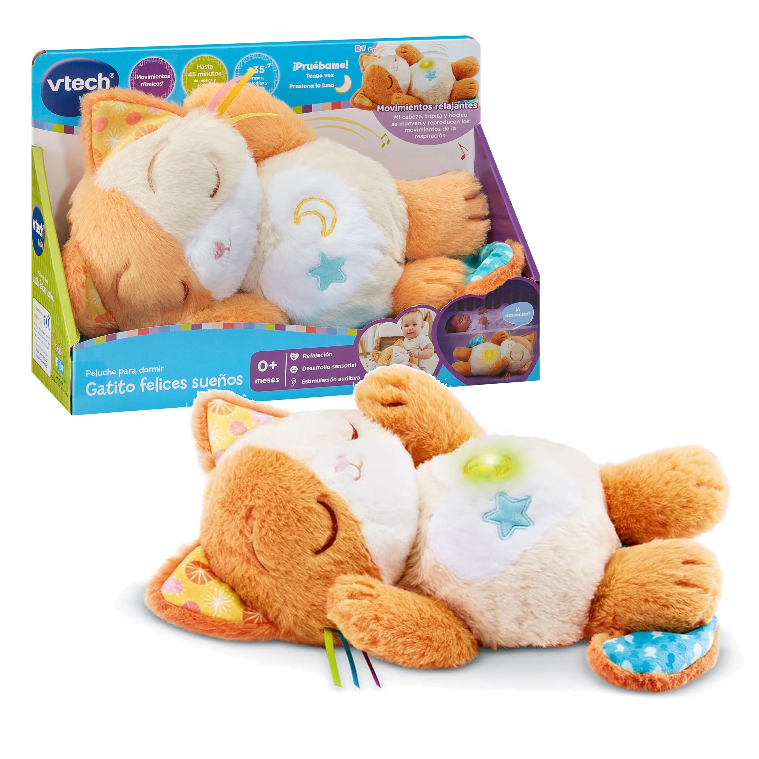 VTech-Baby Peluche para Dormir Gatito Felices Sueños, Juguete Bebés +0 Meses, Peluche Musical, Movimientos Relajantes, Iluminación Suave, Nanas, Sonidos y Melodías, Versión ESP