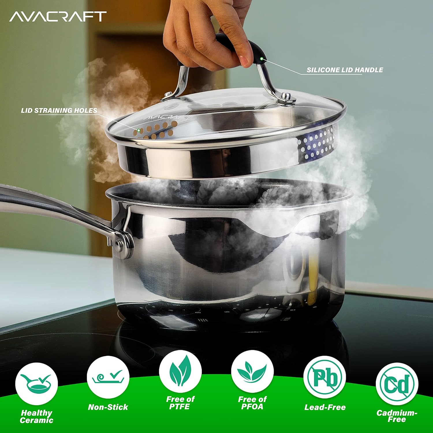 AVACRAFT Nonstick Saucepan with Glass Lid, Strainer Lid, 100% PTFE, PFOA Toxins Free, Two Side Spouts for Easy Pour, Multipurpose Ceramic Sauce Pot (2.5 QT Non-Stick Saucepan)