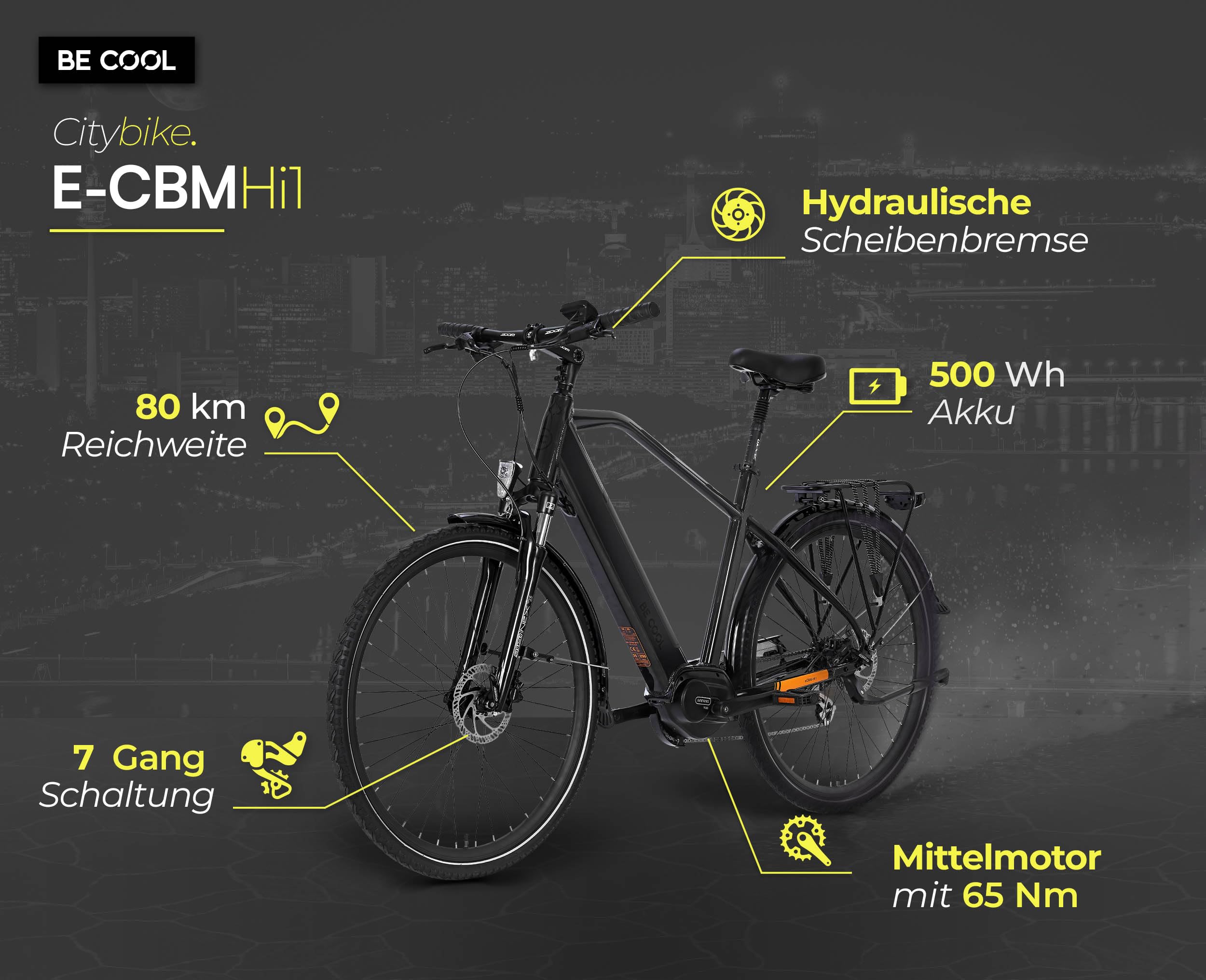Be Cool eCBM-Hi1 Herren E-Bike 28 Zoll 500Wh 36V 14Ah Samsung Akku, Bafang M200 Mittelmotor 250W 65Nm, Shimano Acera 7-Gang, Hydraulische Scheibenbremsen, City Trekking Pedelec