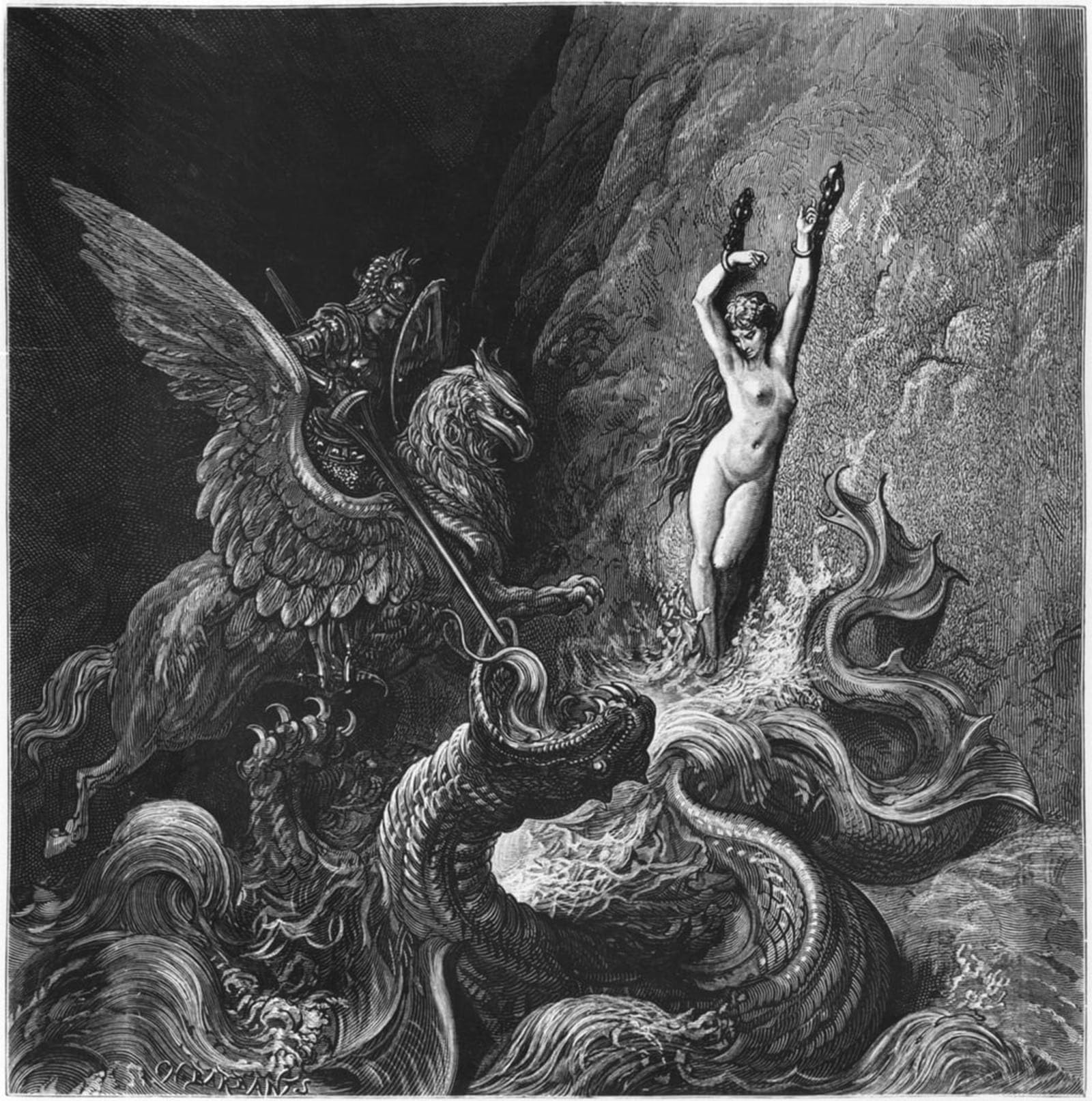 ARTXLXXBN Famous Painting Art Wall Decor Abstract Art Picture Ruggiero Rescuing Angelica Illustration by Gustave Dore Animal Pictures for Home Decor 60x90cm