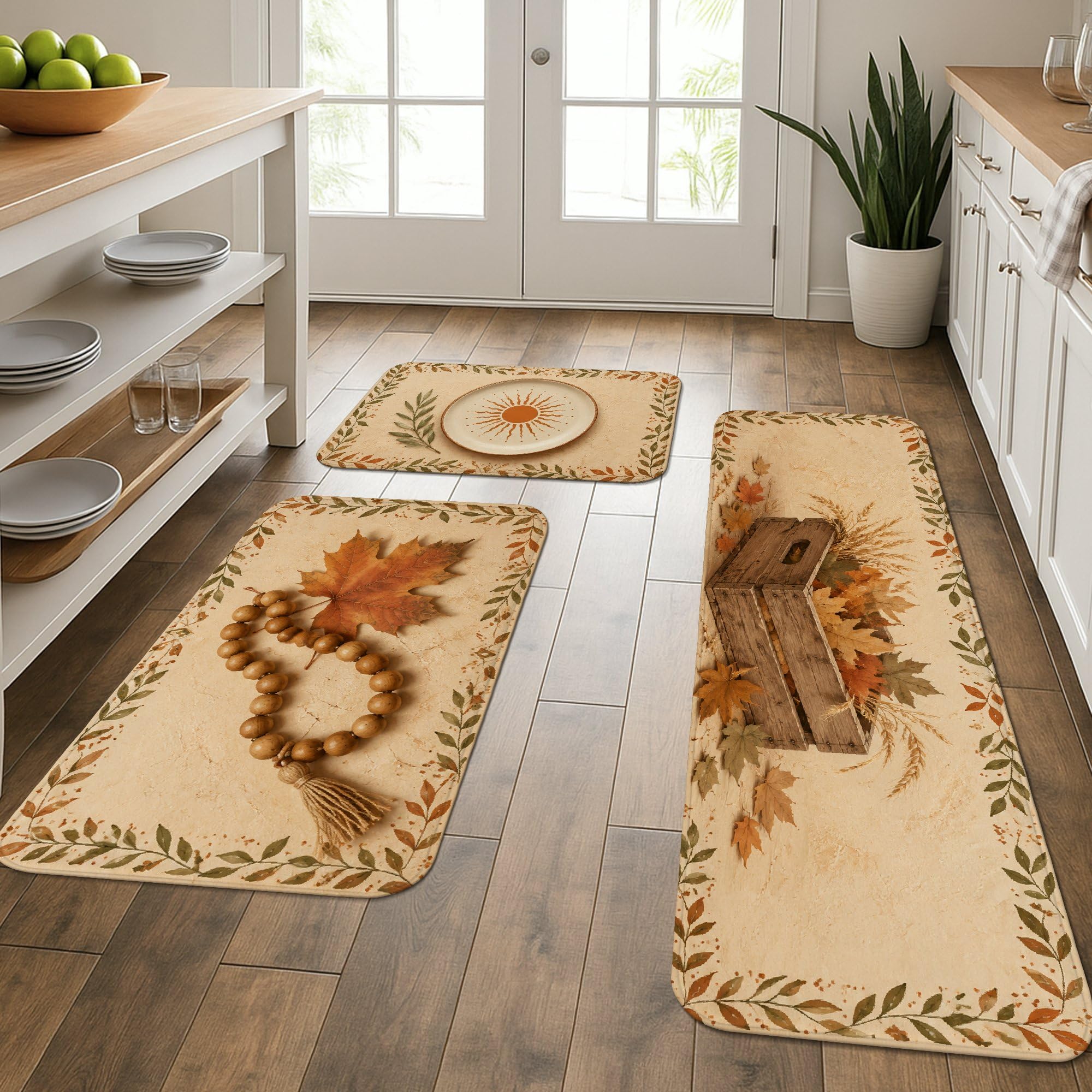 Lot de 3 tapis de cuisine rustiques lavables en beige motif tournesol et feuille