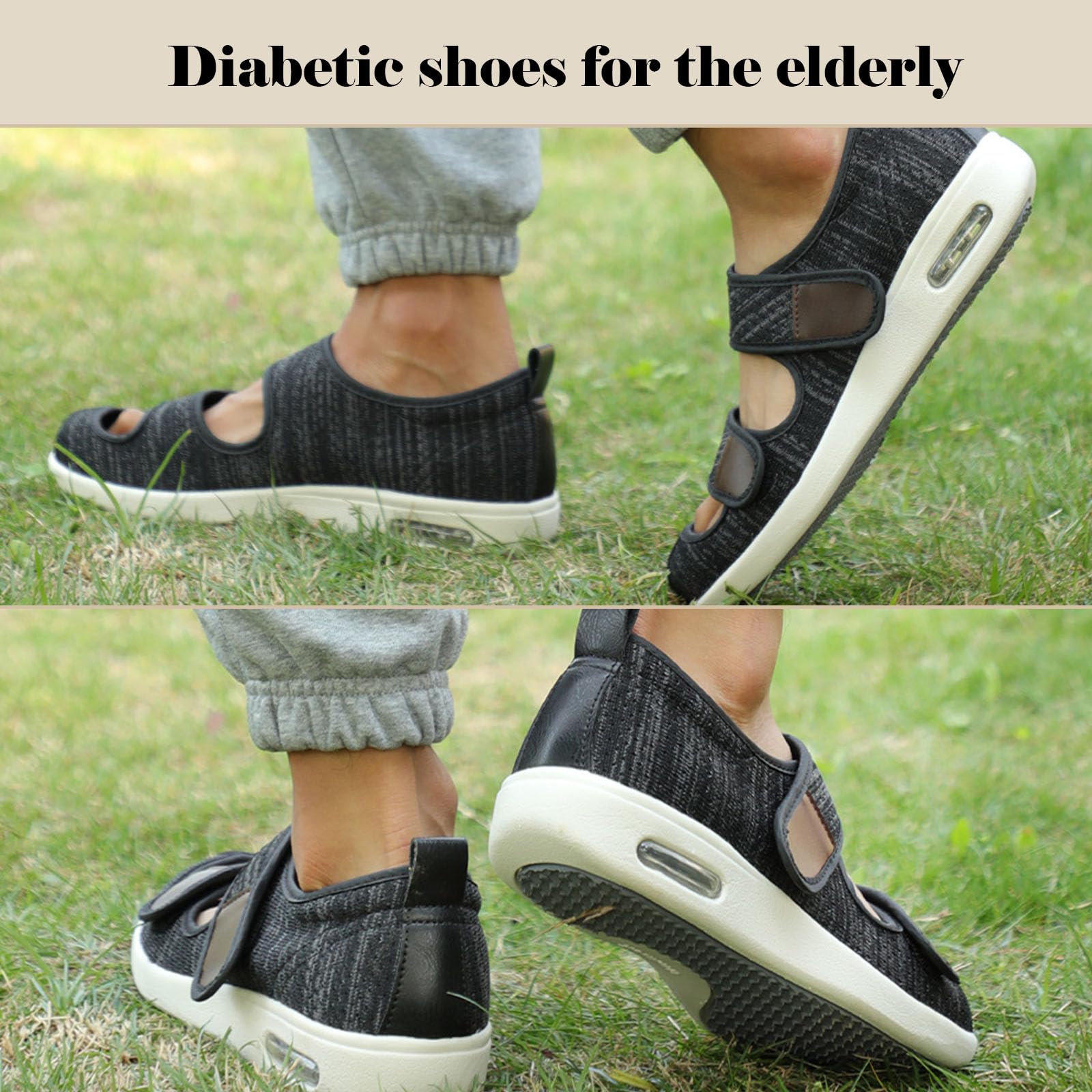 Buty męskie dla diabetyków, oddychające buty przeciwobrzękowe z pianką memory foam, dla osób starszych i z opuchniętymi stopami, łatwe do zakładania i zdejmowania (Black us Men 6)