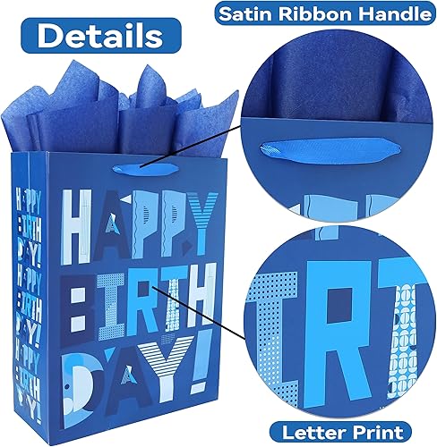 Miniatura 4 de Juego de bolsas de regalo azules extragrandes de 16.5 pulgadas con tarjeta de felicitación y papeles de seda (feliz cumpleaños azul) para fiestas de
