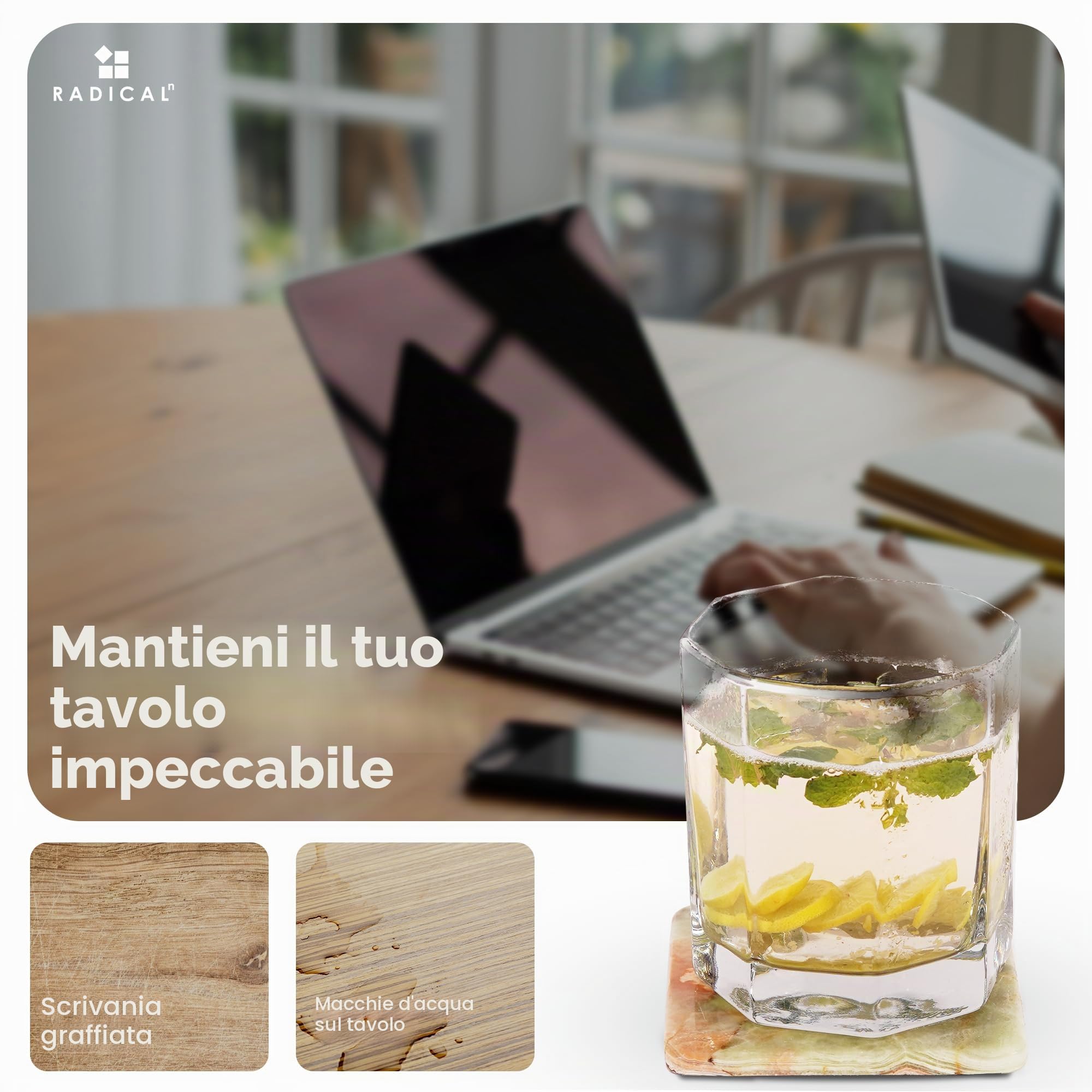 Radicaln Set di 6 sottobicchieri quadrati in marmo con supporto onice 3,5"