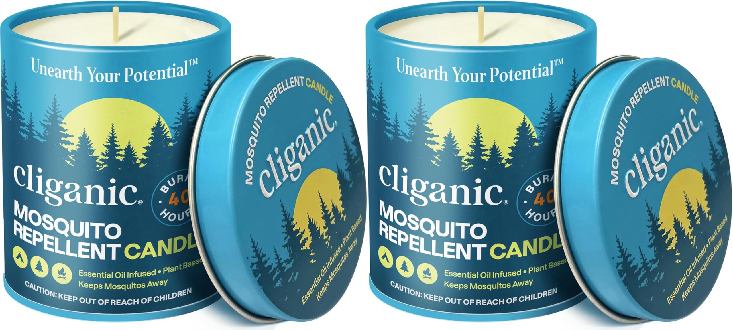 Cliganic 天然蚊よけキャンドル (9オンス 2個パック) | シトロネラ ディートフリー エッセンシャルオイル注入 アウトドア キャンプ | 燃焼時間40時間