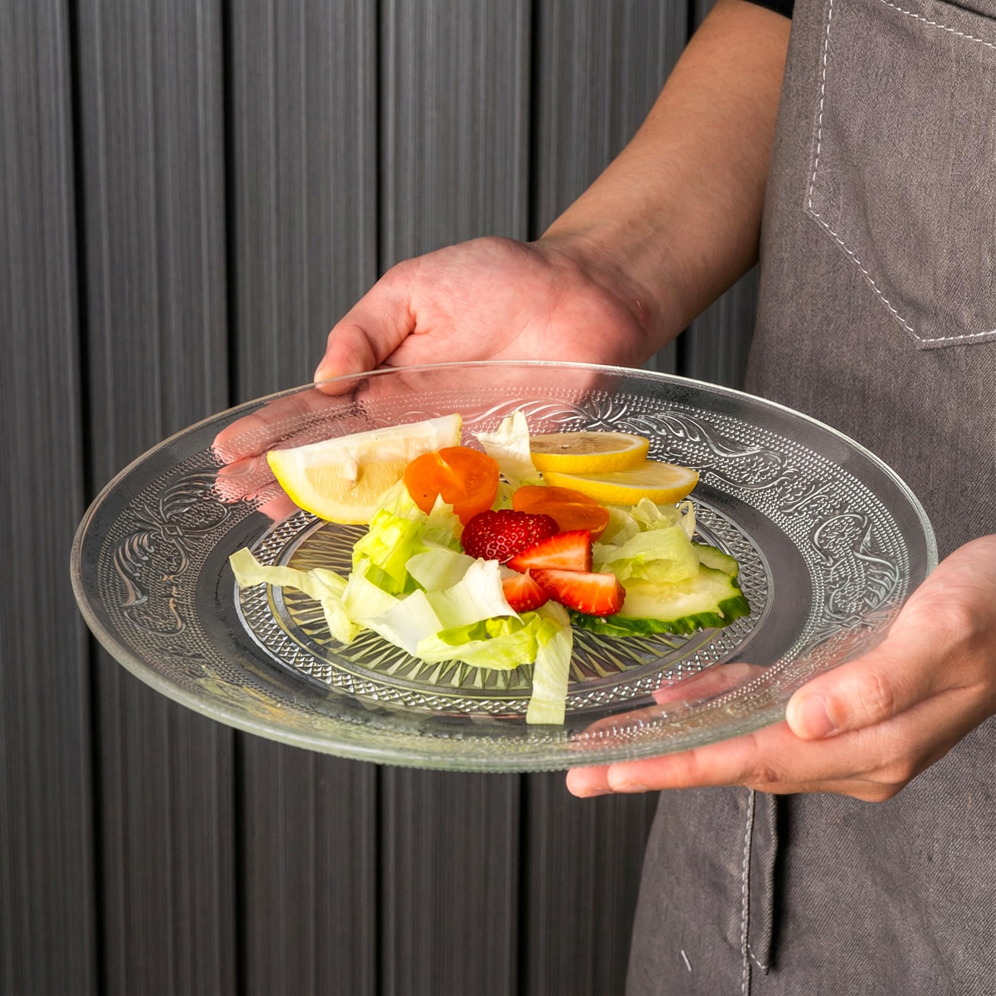 Elsjoy Paquete de 6 platos grandes de cristal de 10 pulgadas, plato redondo transparente para servir, vajilla vintage en relieve para ensalada, pasta, frutas