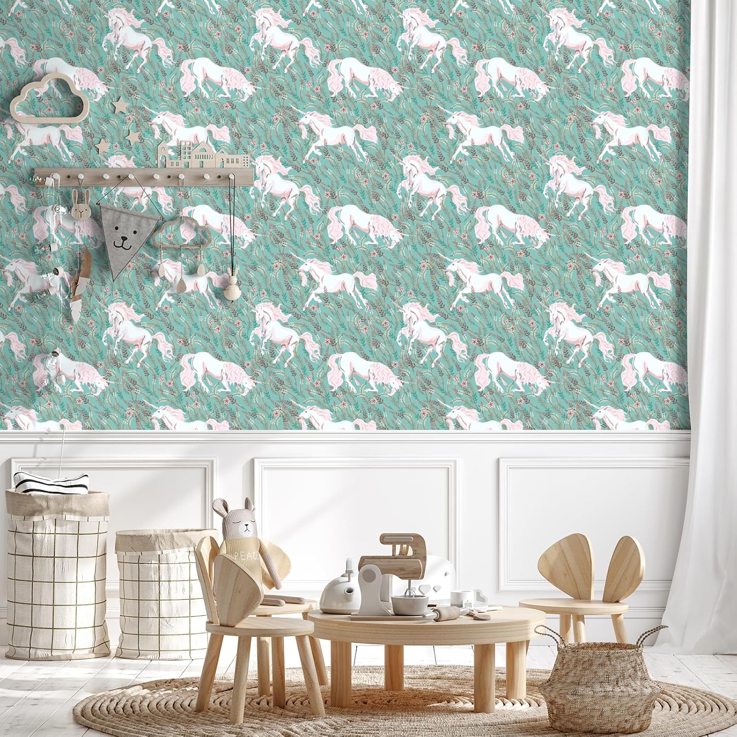 VaryStyle 17.7"x118" Unicorn Wallpaper Sage Green/White Fern Leaf Floral Peel and Stick Wallpaper Whimsical Animal Horse Wallpaper Removable Vinyl Green Contact Paper for Cabinet Walls Bedroom Nursery