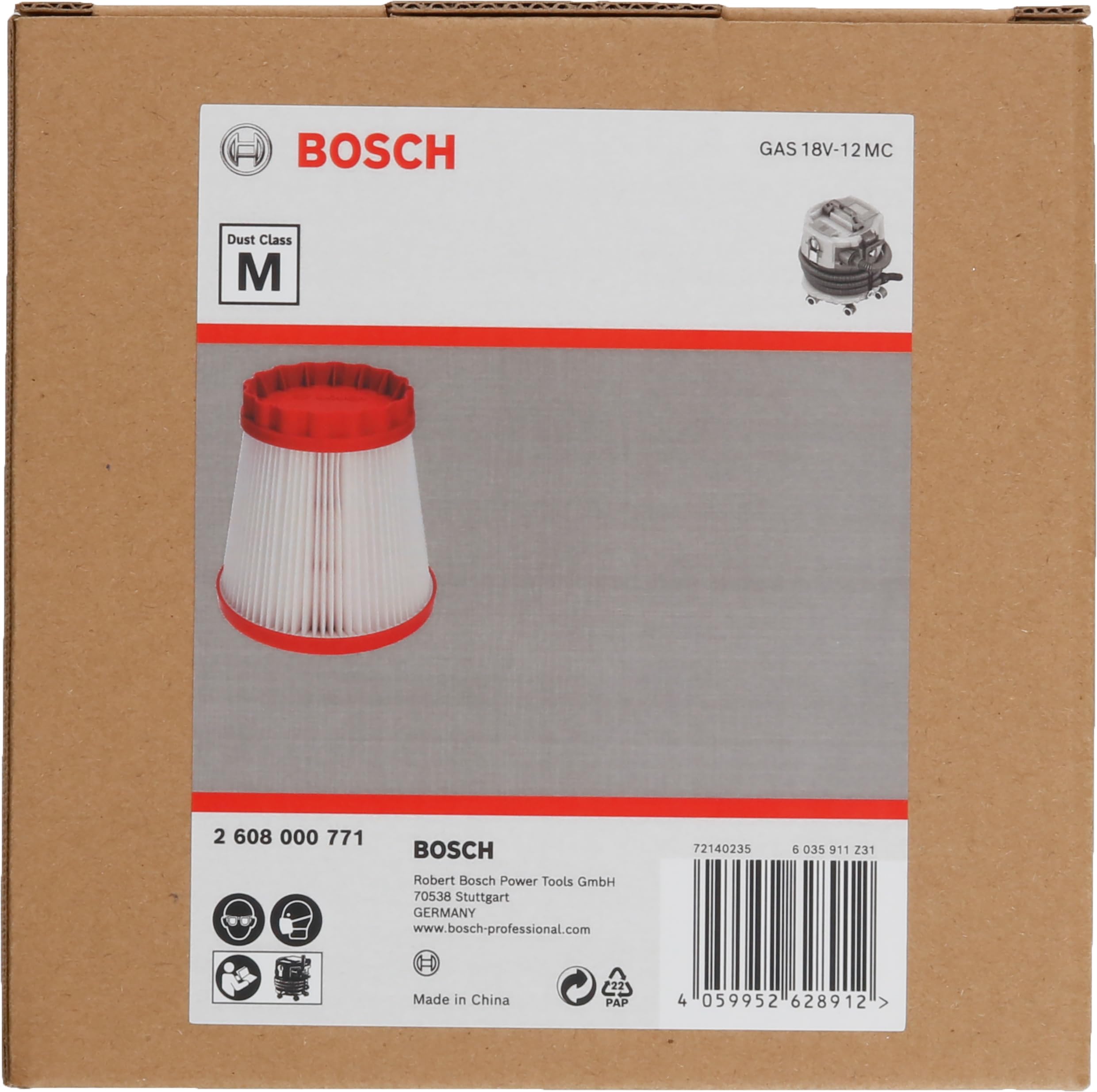Bosch PRO 1 x politetrafluoroetylen filtr fałdowany klasa M (do GAS 18V-12 MC, 158 x 158 x 160 mm, akcesoria do odkurzacza)