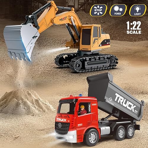 Miniatura 2 de Juego de juguetes de excavadora y camión volquete a control remoto  Excavadora RC y camión volquete con luces y sonidos  Coche excavador recargable,