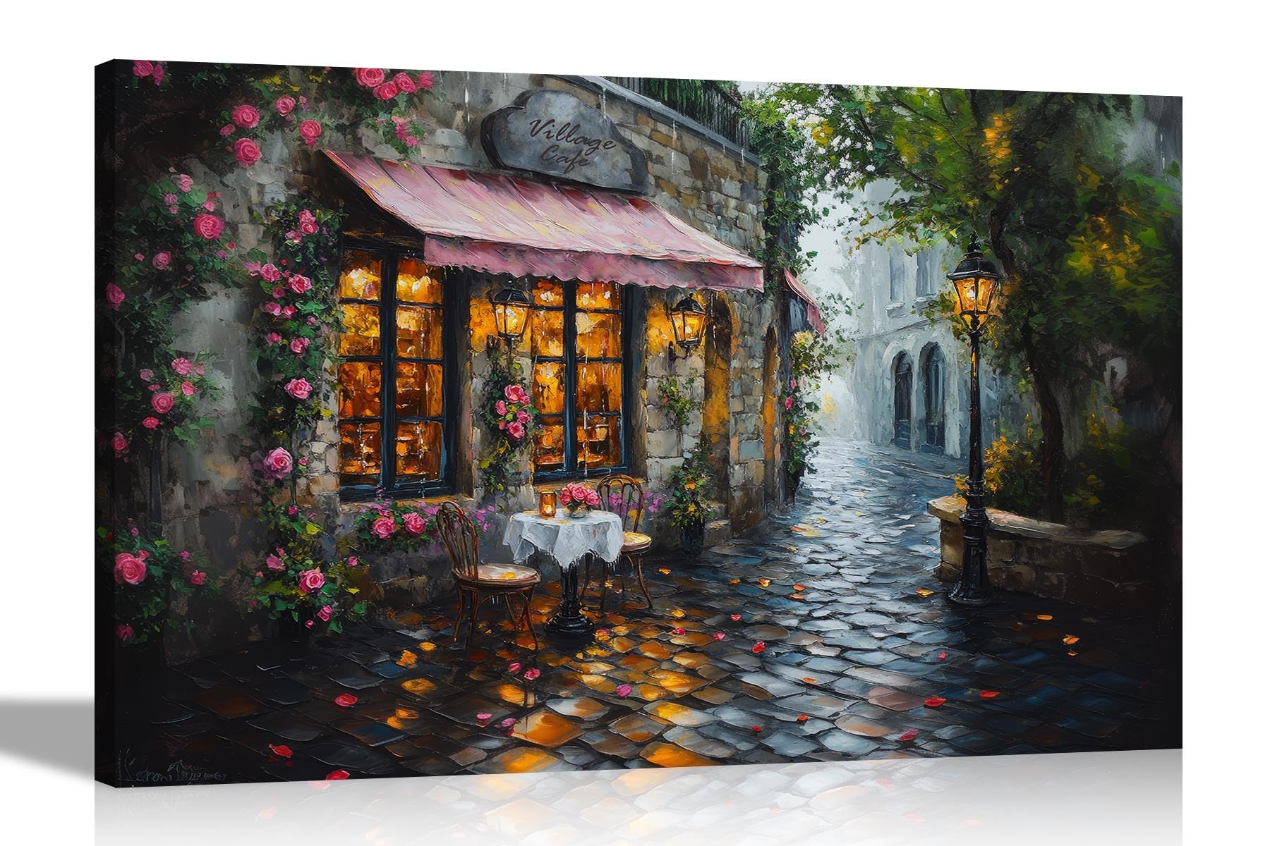 Artley Prints Villiage Cobble Road Cafe - Picturesque Cafe On Cobble Road Canvas Wall Art Prints Home Decor Living Room Bedroom Pictures 51 X 35Cm (20 X 14 Inches)