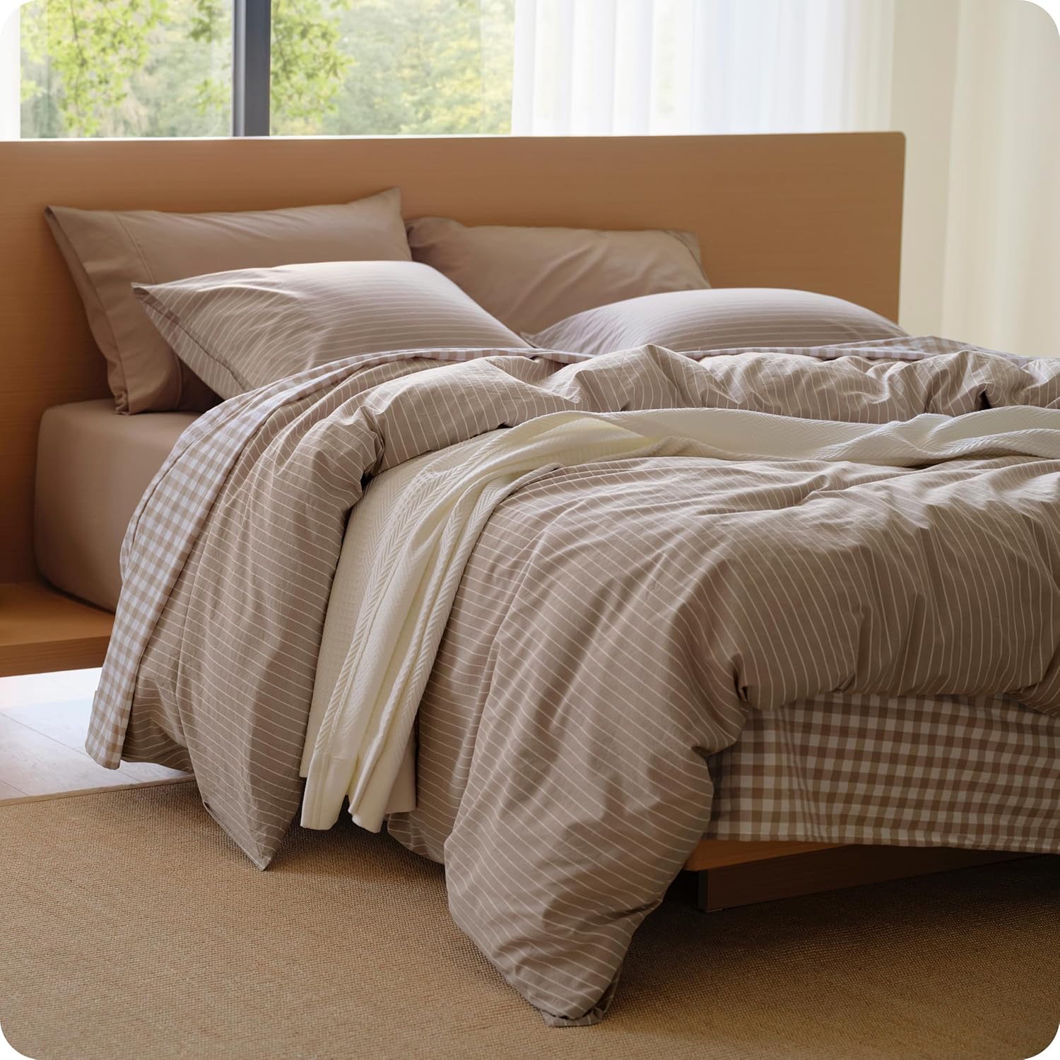 Bedsure Striped Duvet Cover King, 100% Washed Cotton Duvet Cover Linen‑Like, PureWoven with Reversible Yarn‑Dyed Design & Double‑Stitch Craft, 3-Piece with Zipper, Stripes Light Brown, 104"x90"