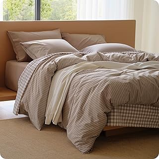 Bedsure PureWoven Striped Duvet Cover Set Linen‑Like, King Size, 3-PC | 100% Washed Cotton Percale Bedding Set, Reversible Yarn‑Dyed Design, Zipper Closure, Stripes - Light Brown, 104" x 90"
