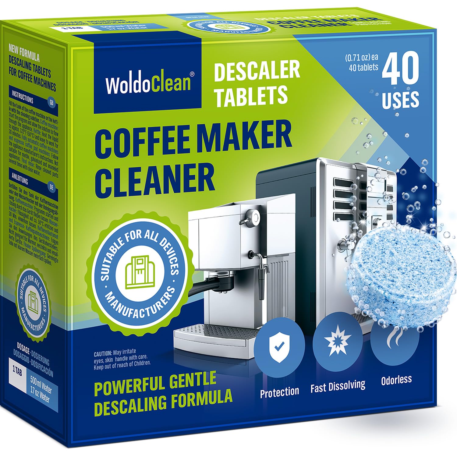 WoldoClean Coffee Machine Cleaner & Descaler Tablets (40 Count) - Universal Descaling Tabs Compatible with Nespresso, Keurig, Ninja, Breville & Drip Coffee Makers, Removes Limescale & Mineral Buildup