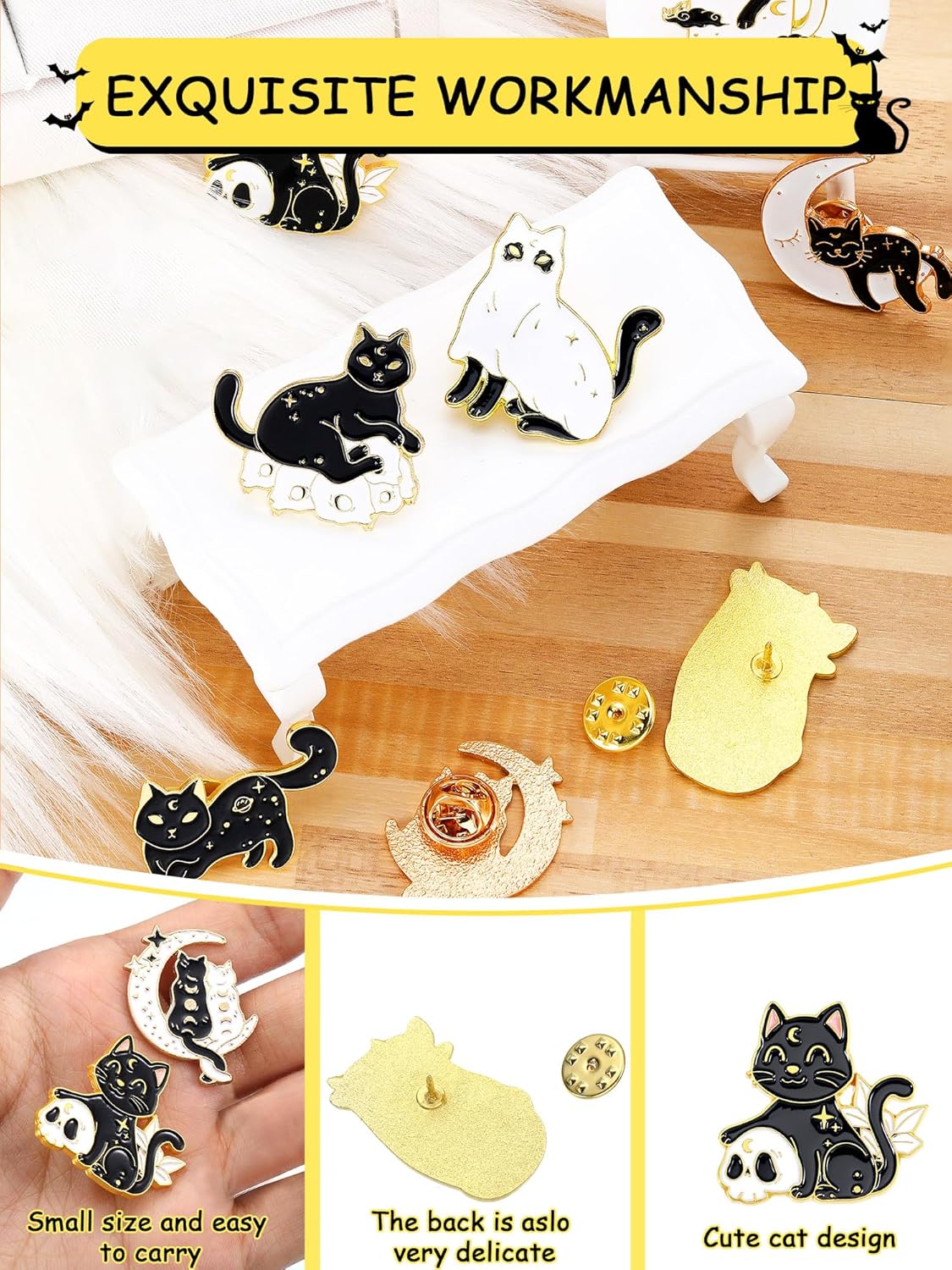 10 Pieces Cat Pins Cute Brooch Pin Set Kawaii Backpack Pin Black Cat Book Brooch Gothic Aesthetic Buttons for Backpacks Clothing Bags Lapel Jackets for Women Men DIY Presents - Image 3