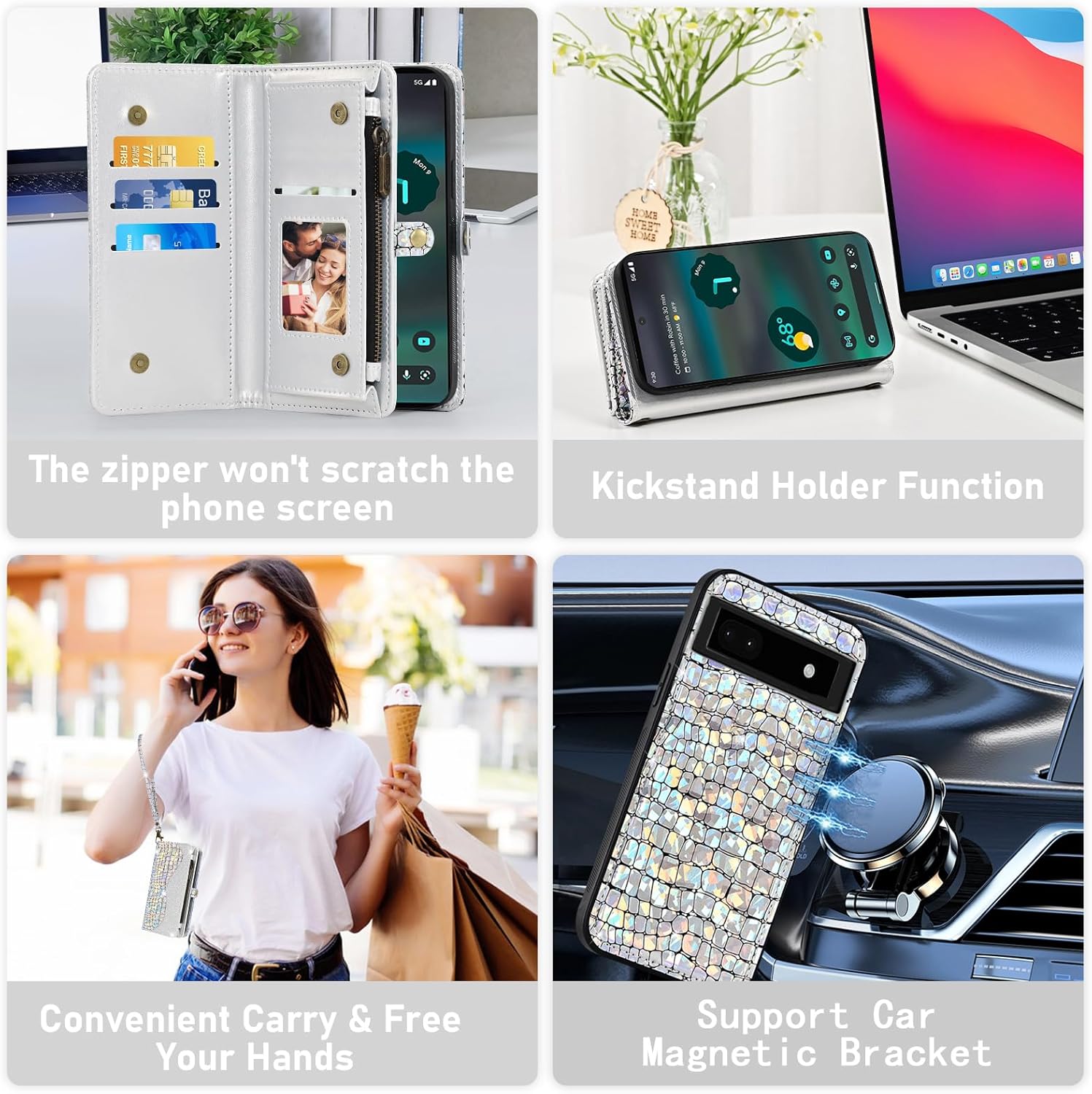 Asuwish Phone Case for Google Pixel 6A 5G 2022 Zipper Wallet Detachable with Tempered Glass Screen Protector Cover and Card Holder Slot Wrist Strap Purse Flip Cell Mobile Pixel6A A6 Women Men Silver