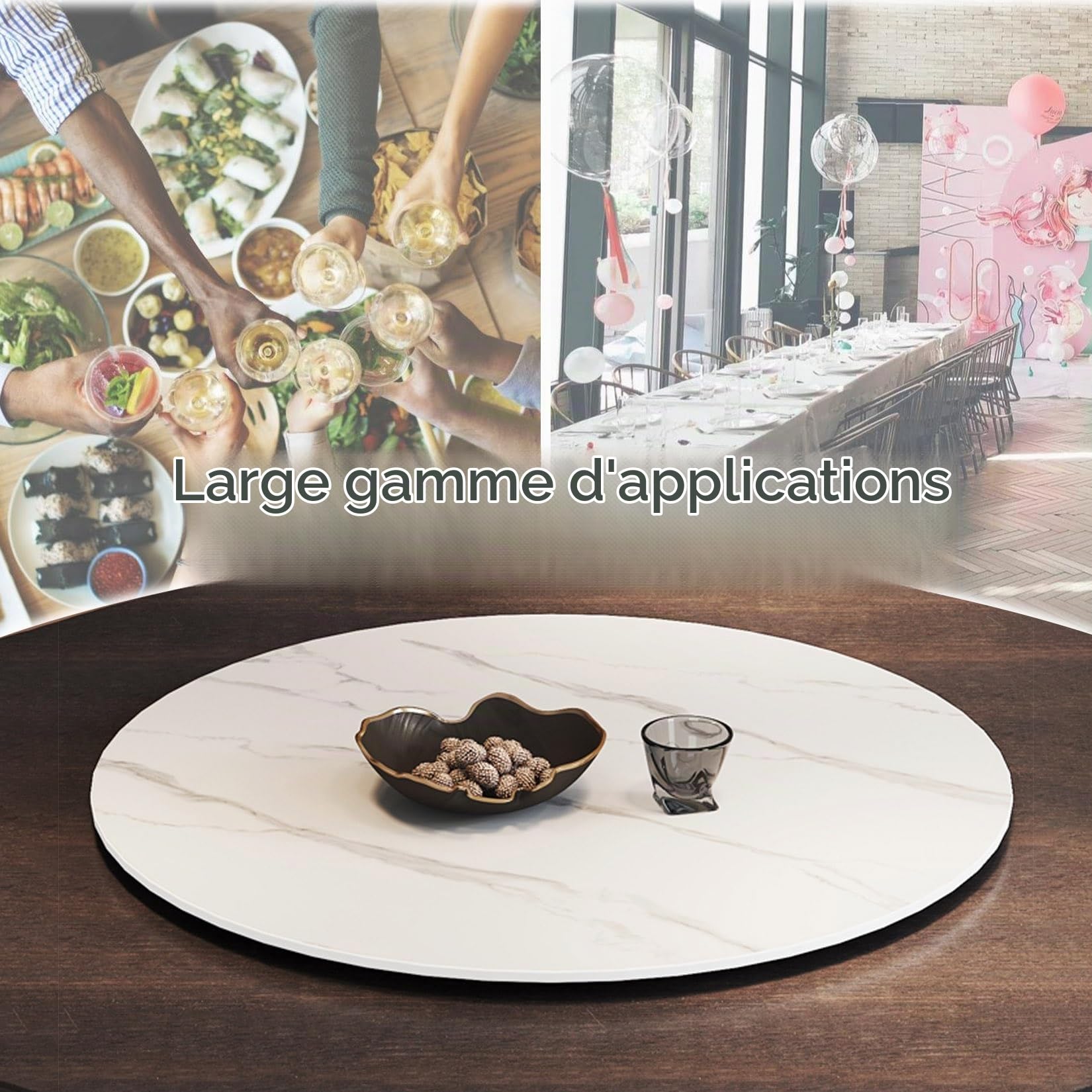 ESOYAWE Table À Manger Plateau De Service Ø 50-100 Cm Plateau Rotatif en Bois Rond, avec Base À Roulement Silencieux Grand Plateau Tournant Assiette De Service, pour Table À Manger De Cuisine