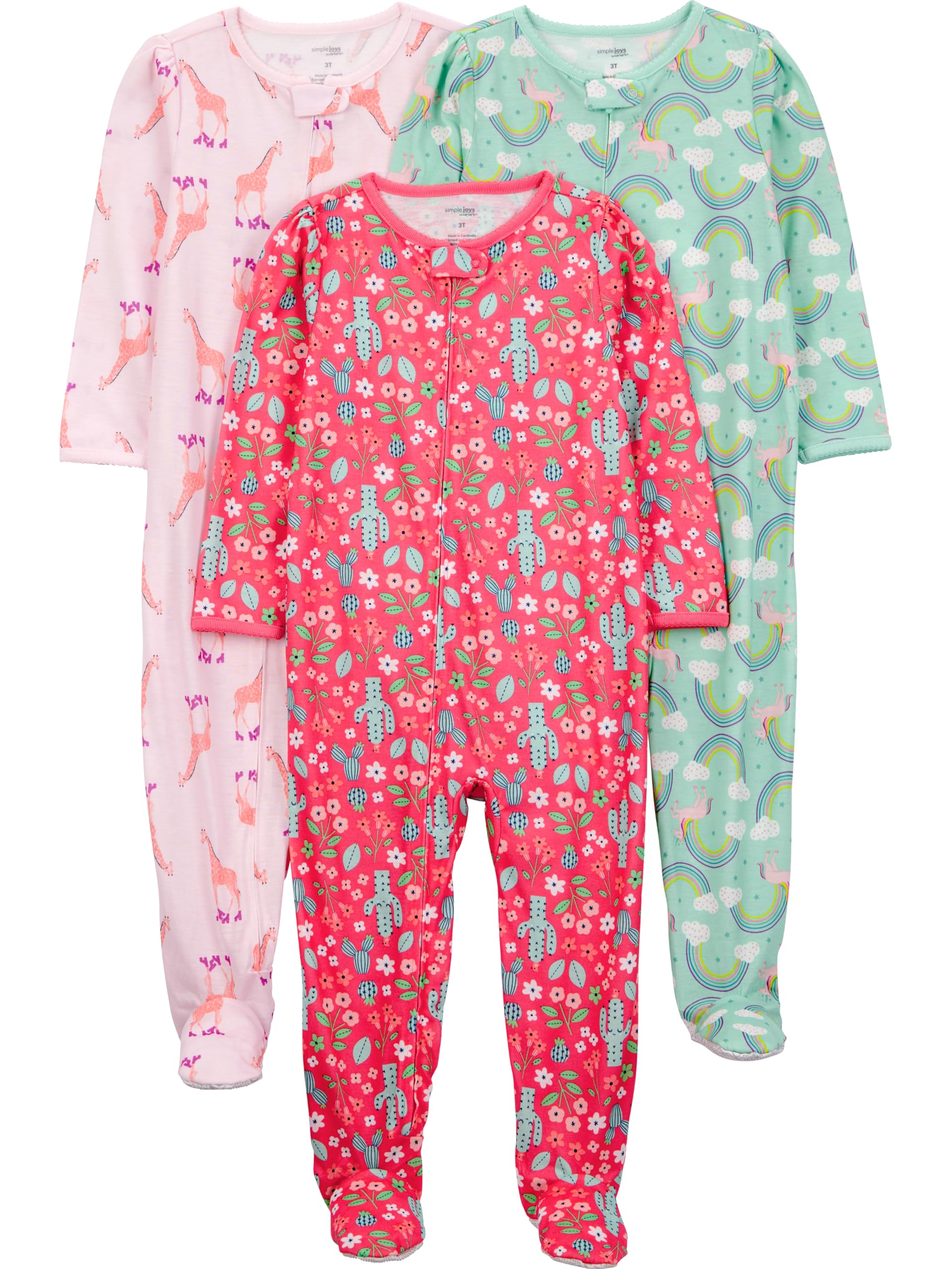 Baby and Toddler Girls' 3 Pack Loose Fit Polyester Jersey Footed Pajamas