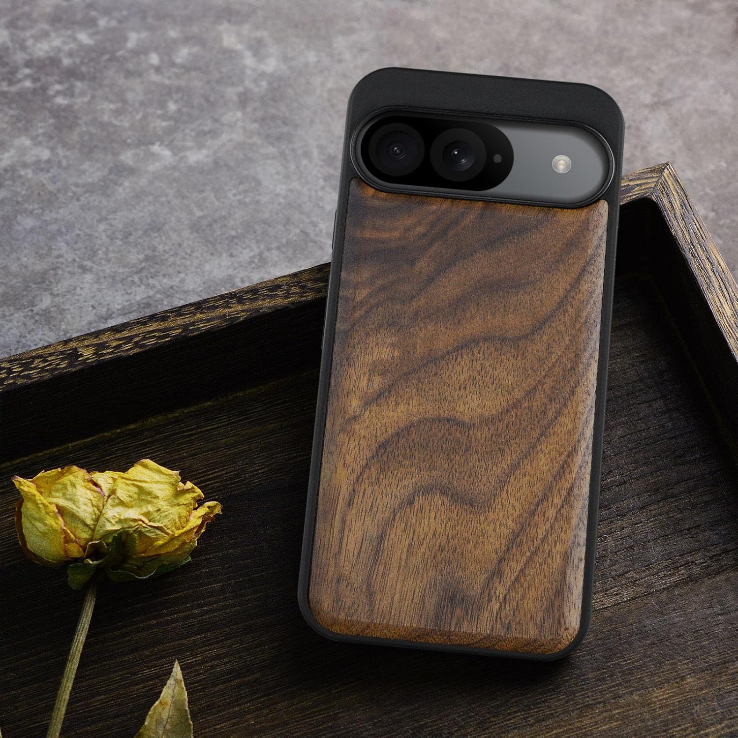 Carveit Wood Case for Pixel 9 Case [Natural Wood & Black Soft TPU] Shockproof Protective Unique Wooden Cover Compatible with Google Pixel 9 (Natural-Walnut)