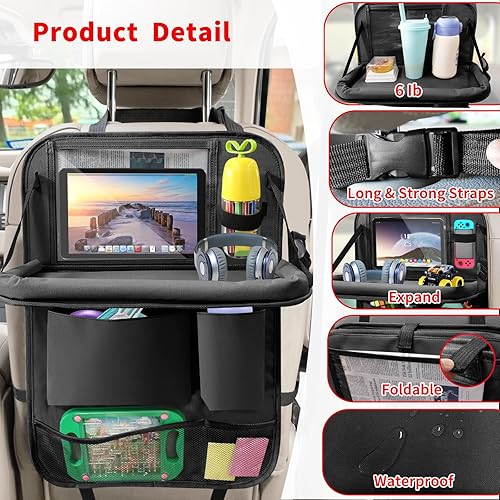 Miniatura 3 de Organizador de asiento trasero de automóvil con soporte para tableta, 6 bolsillos de almacenamiento, bandeja de mesa plegable, protectores de
