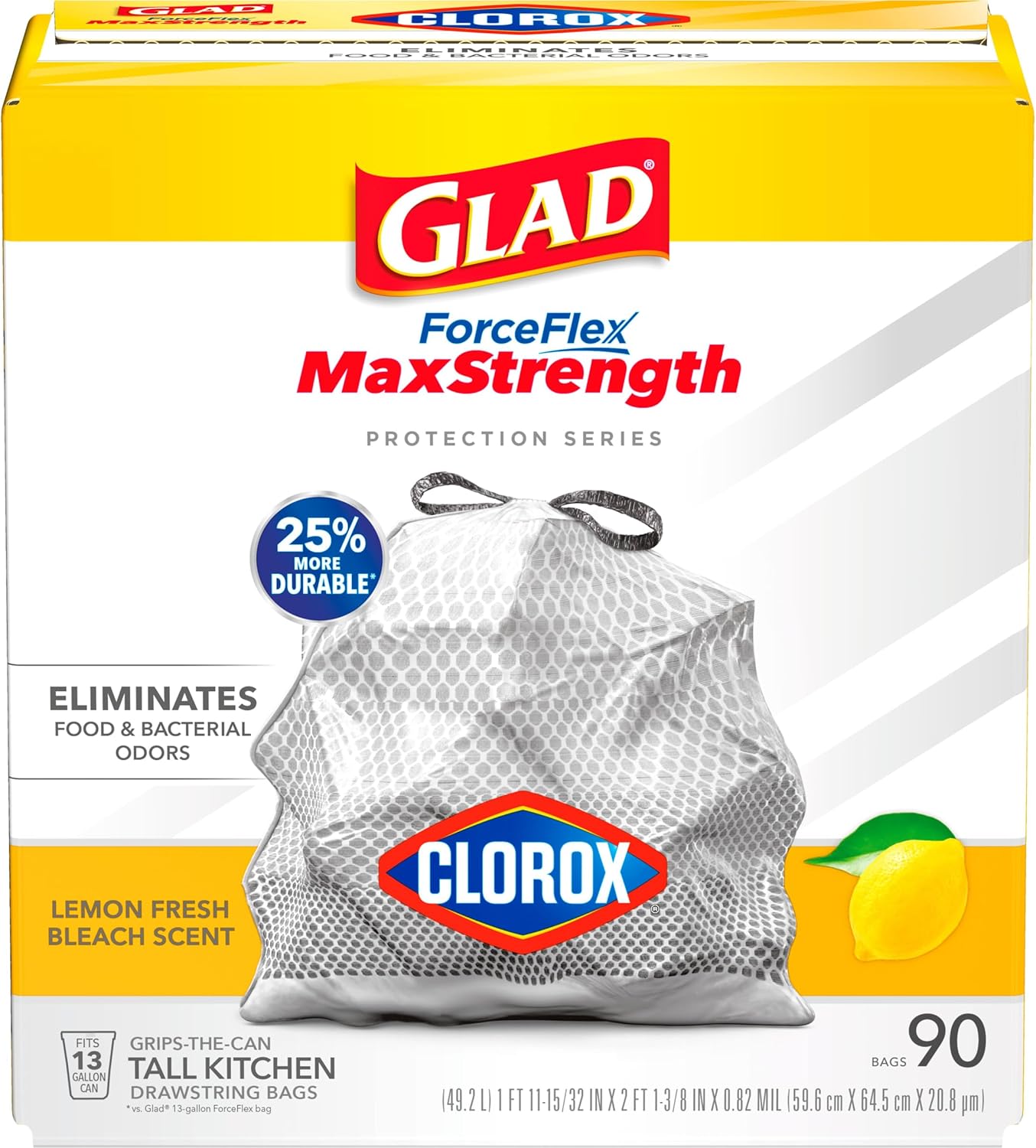 Glad ForceFlex MaxStrength with Clorox Tall Kitchen Drawstring Trash Bags, 13 Gallon Grey Trash Bags, Lemon Fresh Bleach Scent, 90 Count
