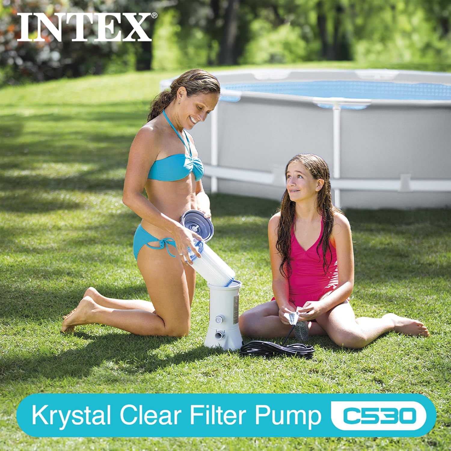 A person demonstrating how to clean or replace the filter cartridge in an Intex Krystal Clear Filter Pump.