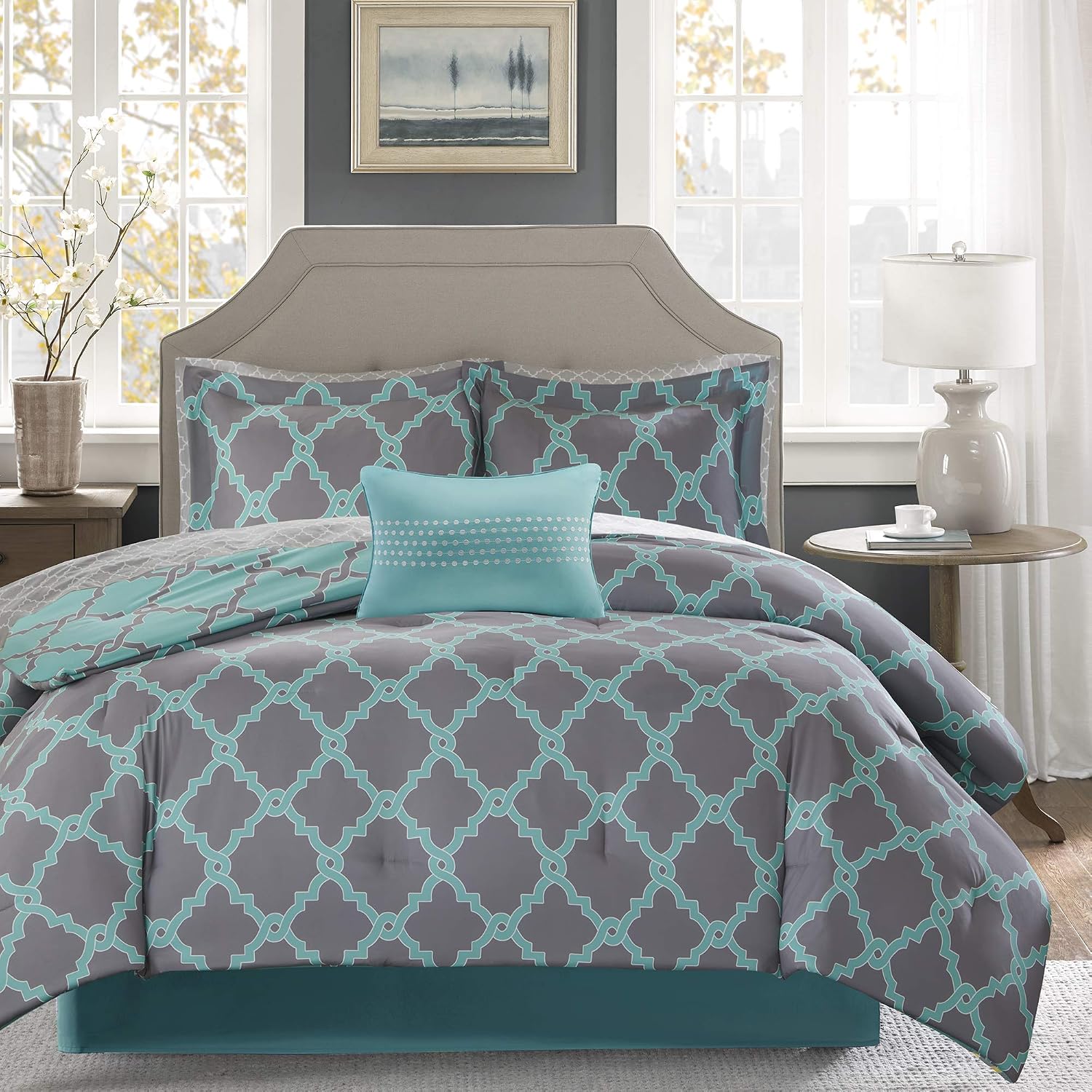 Madison Park Essentials Merritt Cal King Size Bed Comforter Set Bed in A Bag - Aqua Grey, Geometric – 9 Pieces Bedding Sets – Ultra Soft Microfiber Bedroom Comforters