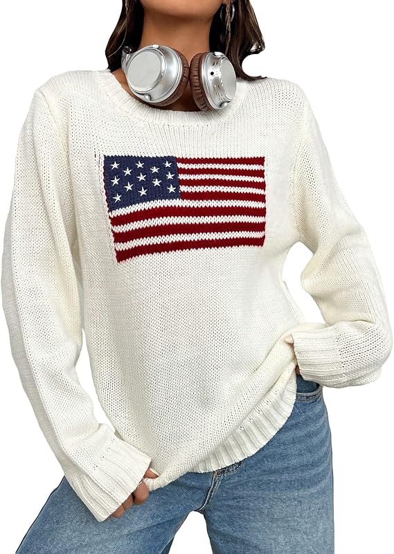 Women's American Flag Pattern Long Sleeve Round Neck Sweater