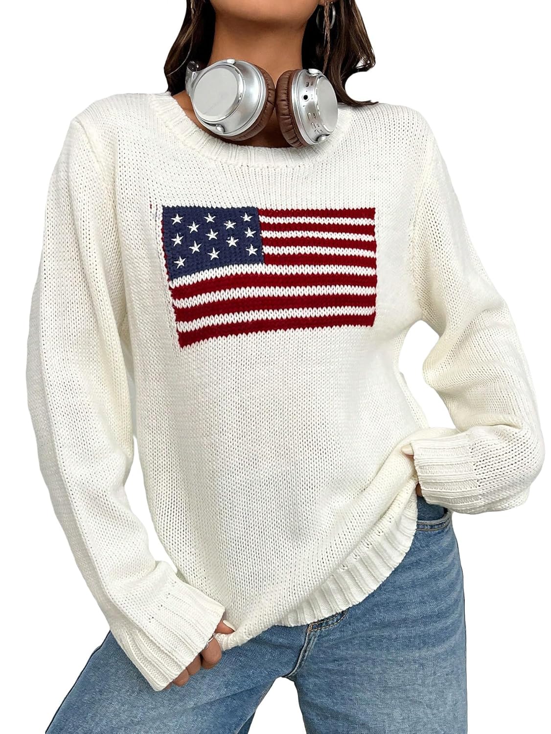 SweatyRocks Womens Flag Pattern Long Sleeve Round Neck Sweater Casual Loose Pullover Sweater
