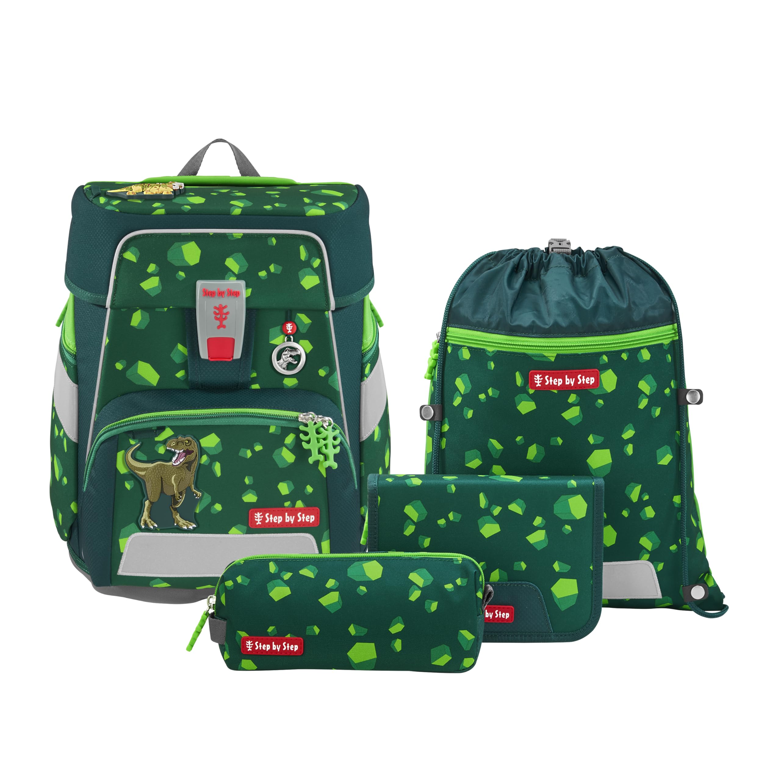 Step by Step Schulranzen-Set SPACE „Dino Targo“ 5-teilig, grün, Dino-Design, ergonomischer Tornister mit Reflektoren, höhenverstellbar mit Hüftgurt für Jungen ab der 1. Klasse, 20L