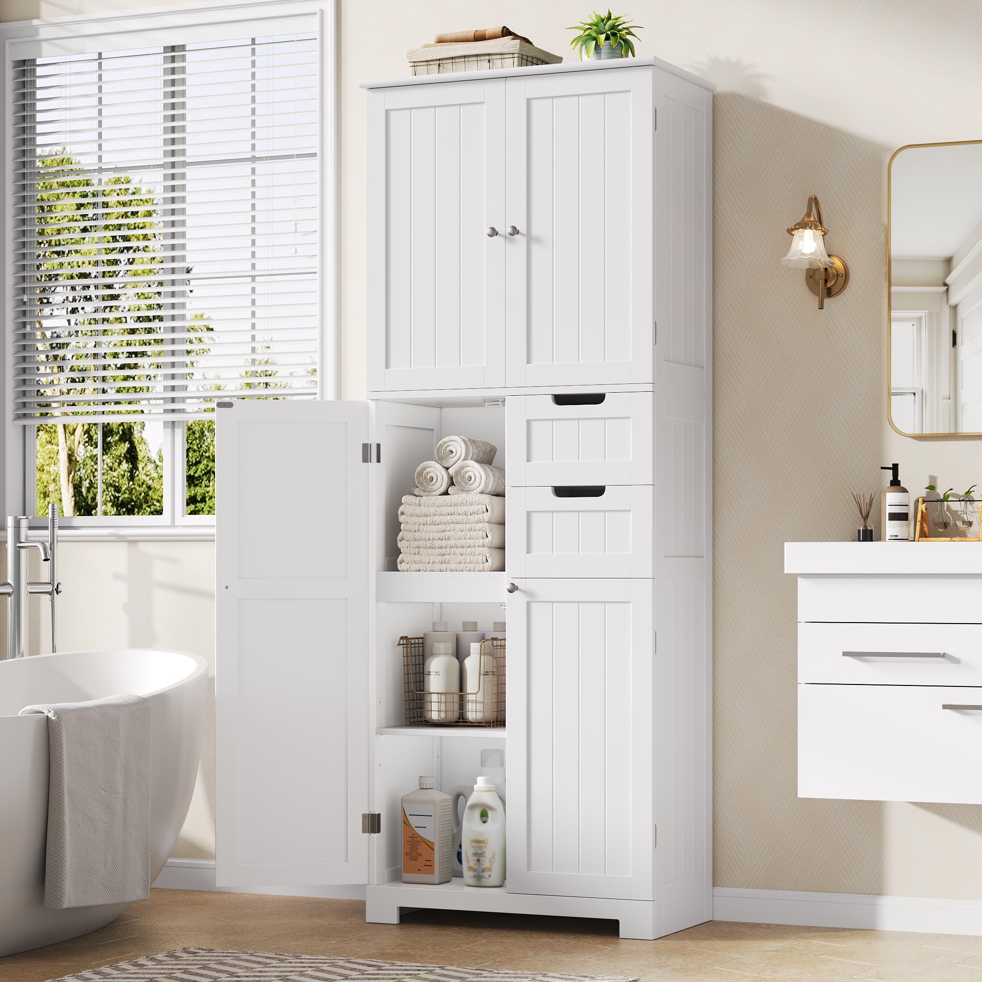 HOCSOK Mobile Alto de Bagno, Armadietto da Pavimento per Bagno, Armadietto Ausiliario con 2 Cassetti e 4 Ante, Adatto per Corridoio, Camera da Letto, Soggiorno, Legno, 60 x 30 x 164.5 cm, Bianco