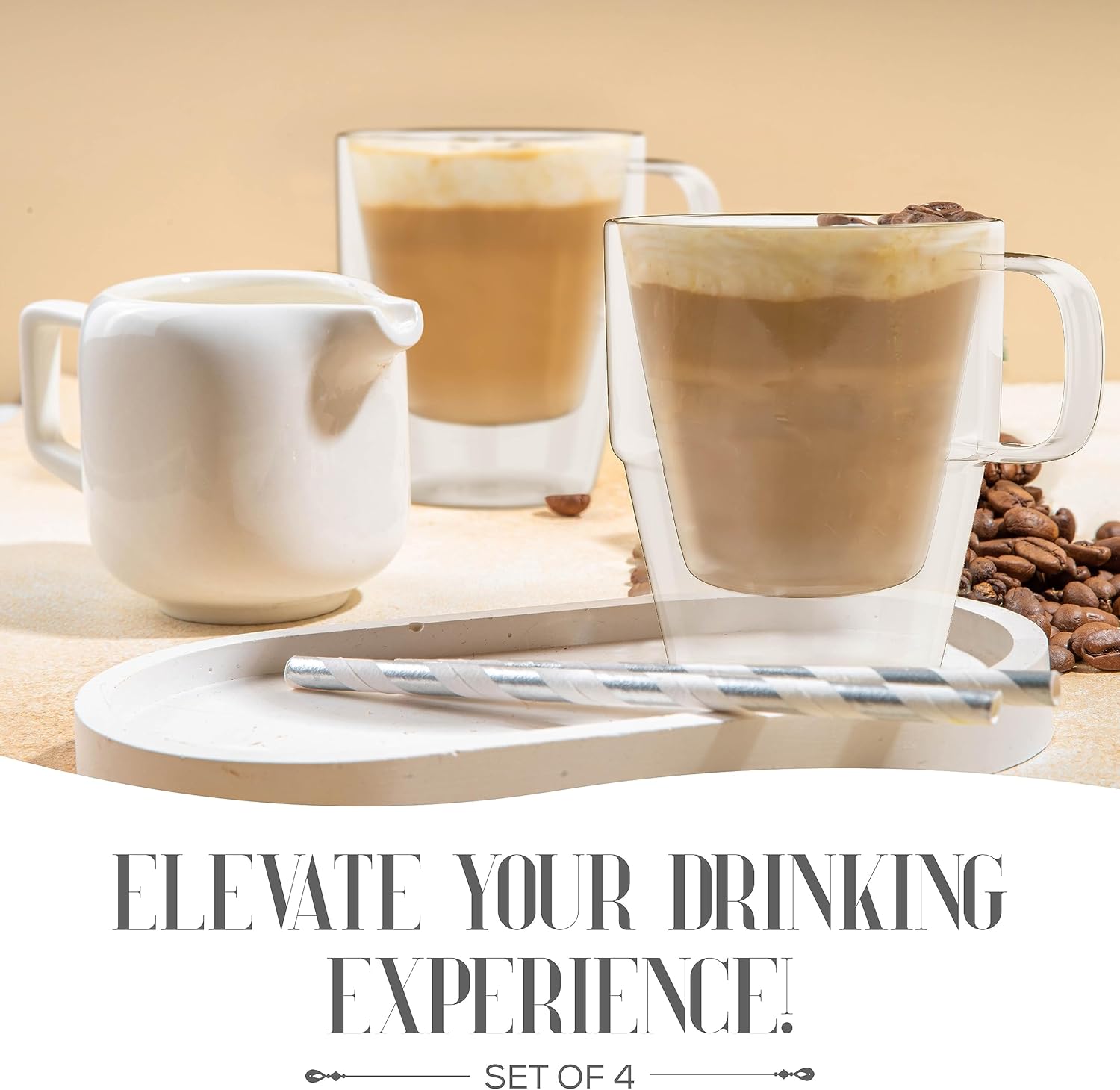 Elle Decor Double Wall Clear Coffee Cups, Set of 4 – 5 Oz Stacking Espresso Mugs with Double Wall Insulated Glass for Hot Espresso, Tea & Juice – Clear Glass Drinkware Set for Everyday Use