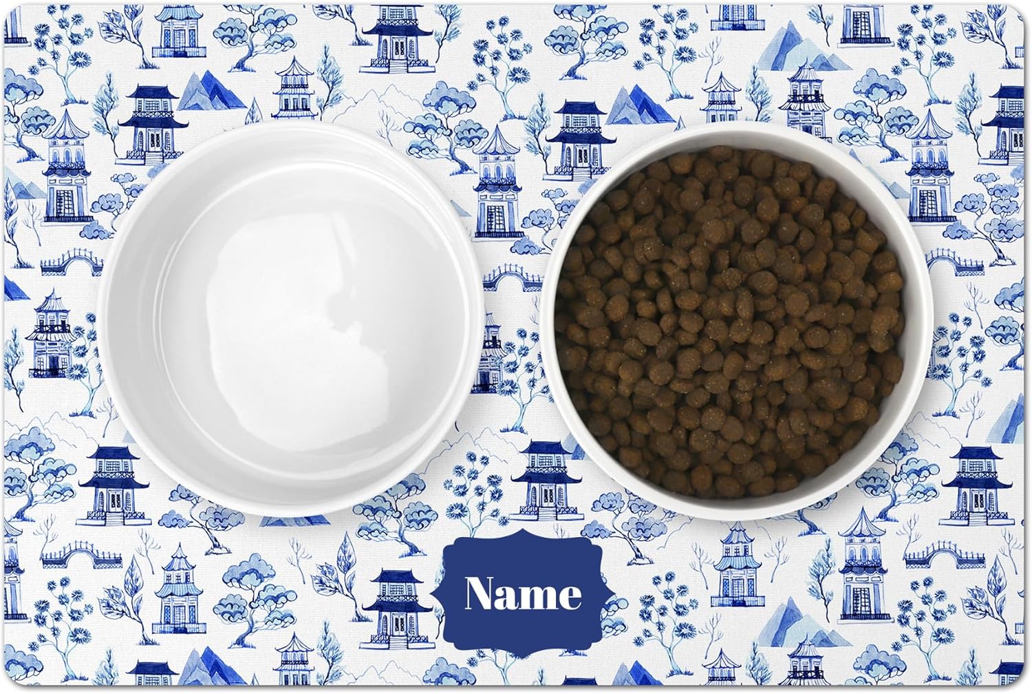 Personalized Pet Bowl Mat, Chinoiserie, Toile, Blue & White, Dog Mat for Food and Water, Cat Placemat, 12" x 18"